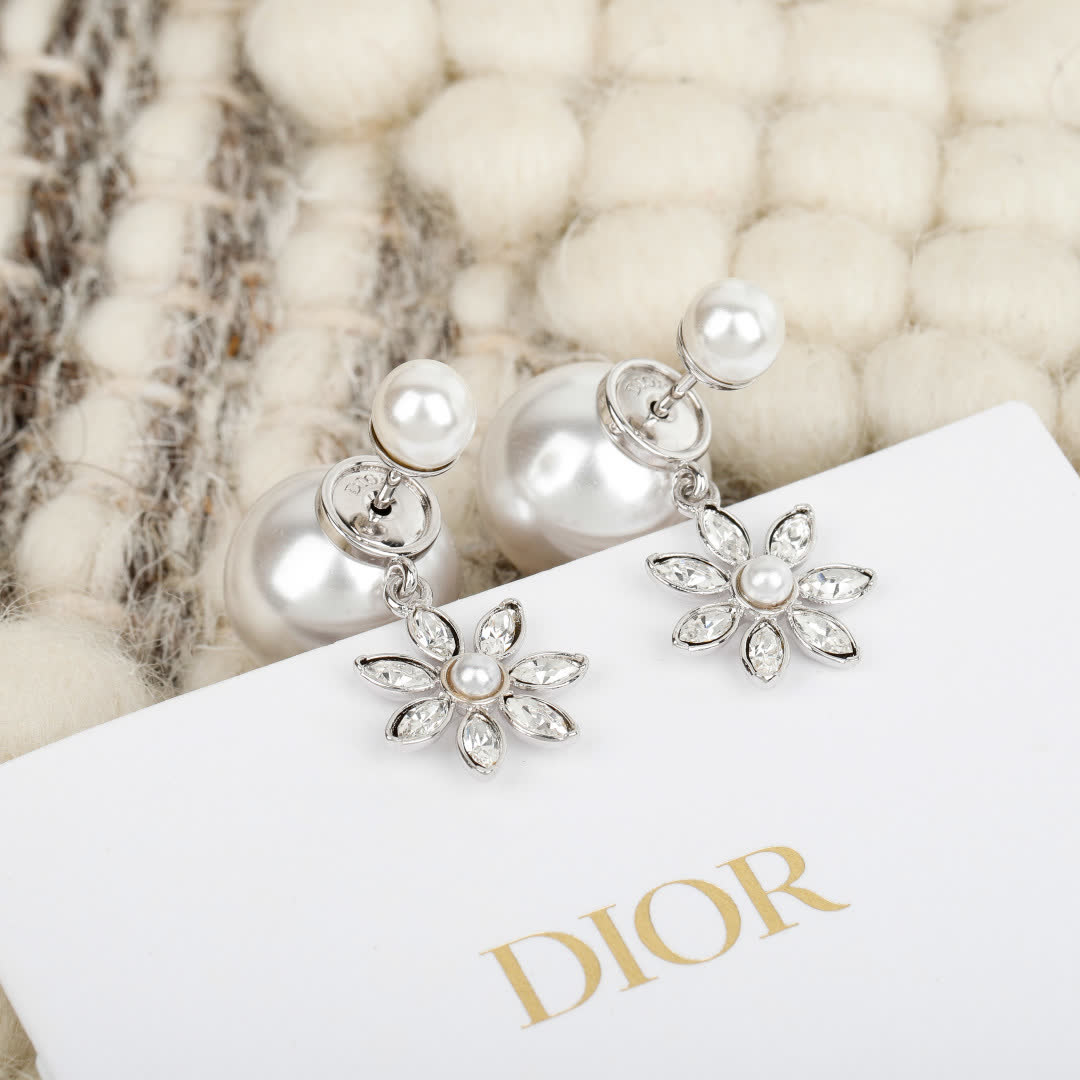 Dior Pearl and Crystal Flower Earrings