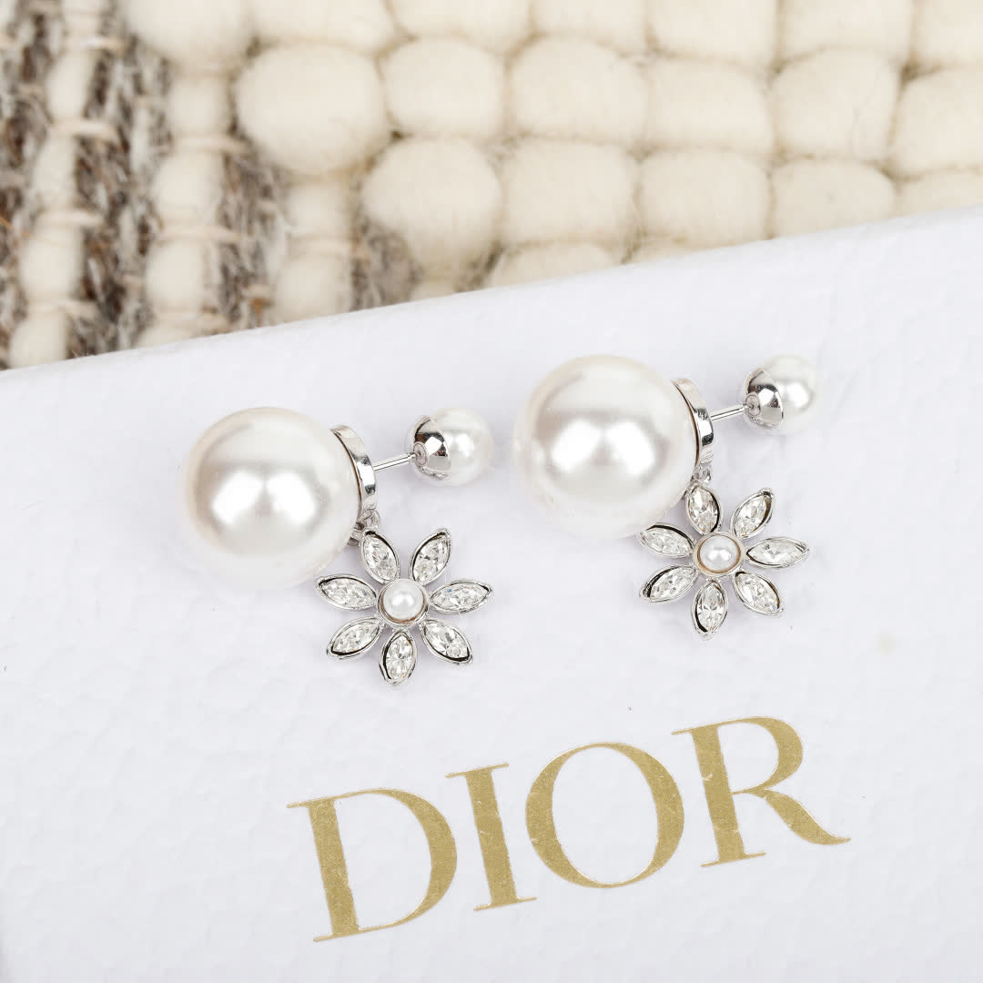 Dior Pearl and Crystal Flower Earrings