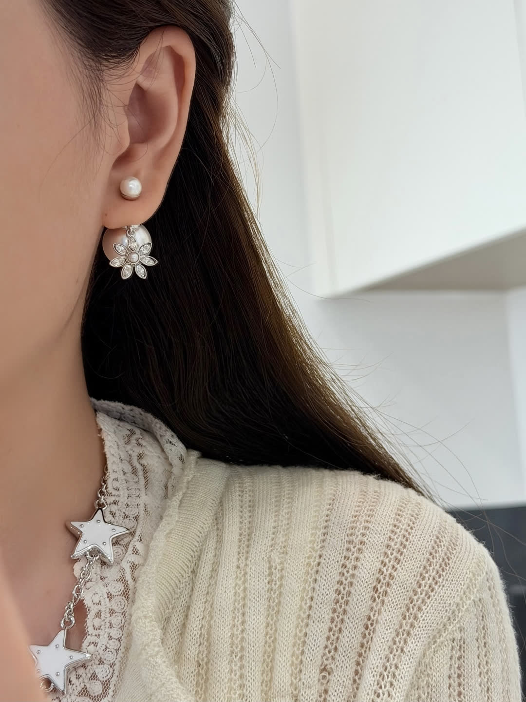 Dior Pearl and Crystal Flower Earrings