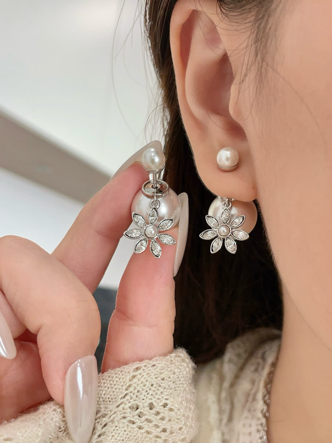 Dior Pearl and Crystal Flower Earrings
