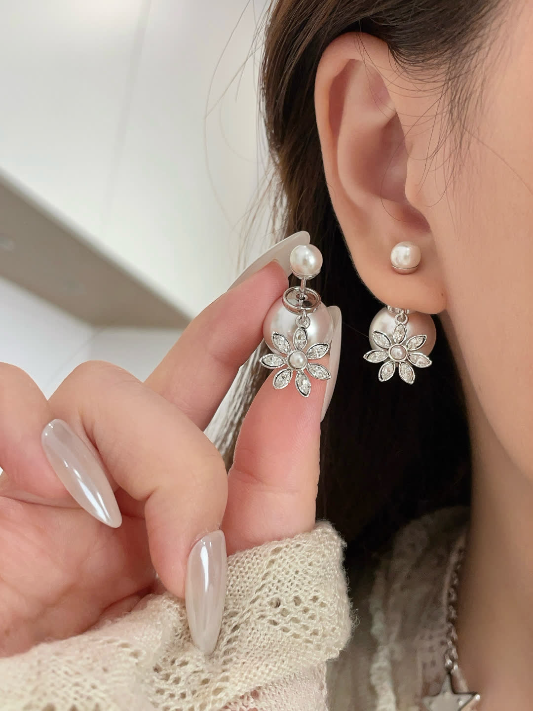 Dior Pearl and Crystal Flower Earrings