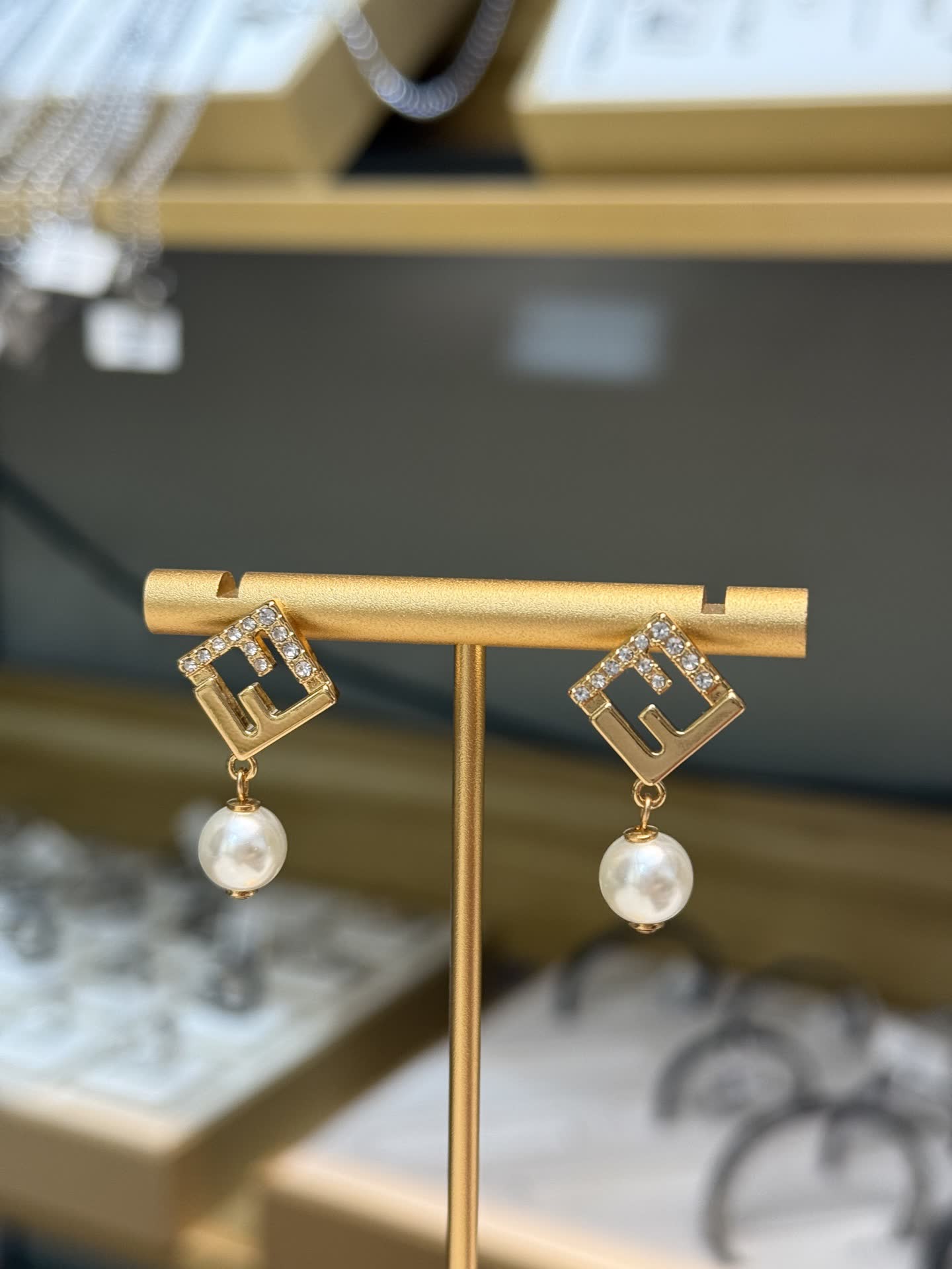 Fendi Gold-tone Crystal and Pearl Earrings