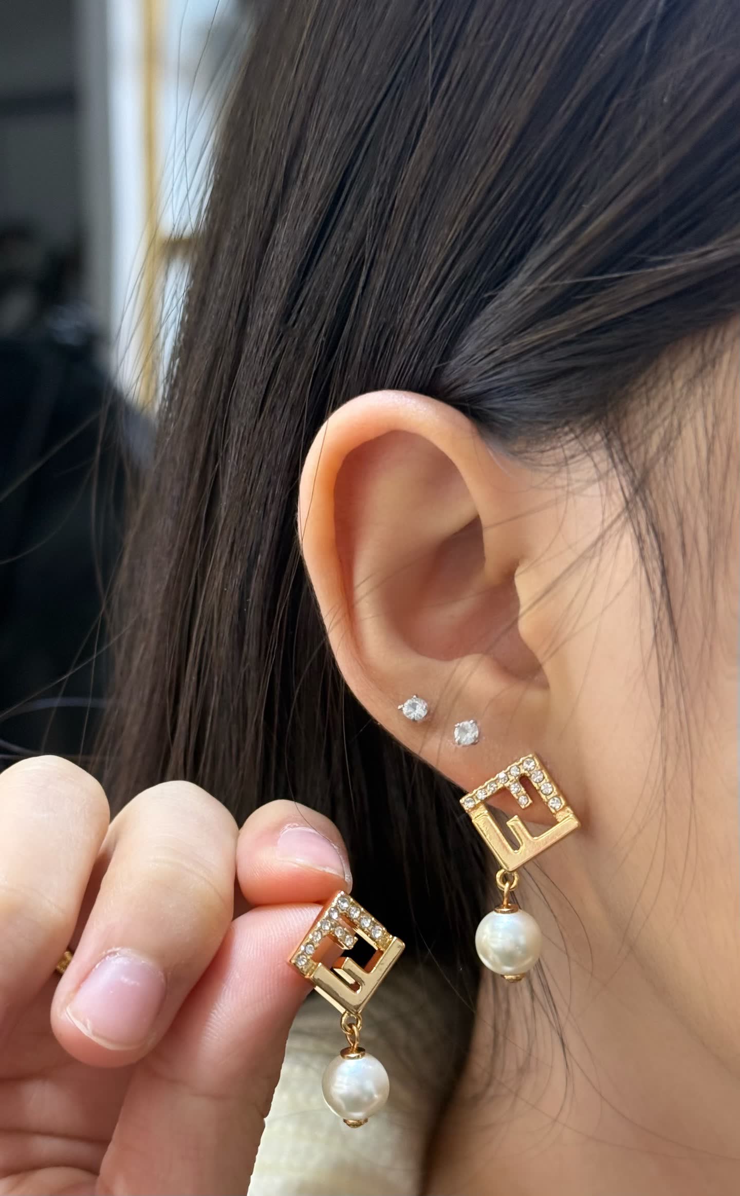 Fendi Gold-tone Crystal and Pearl Earrings