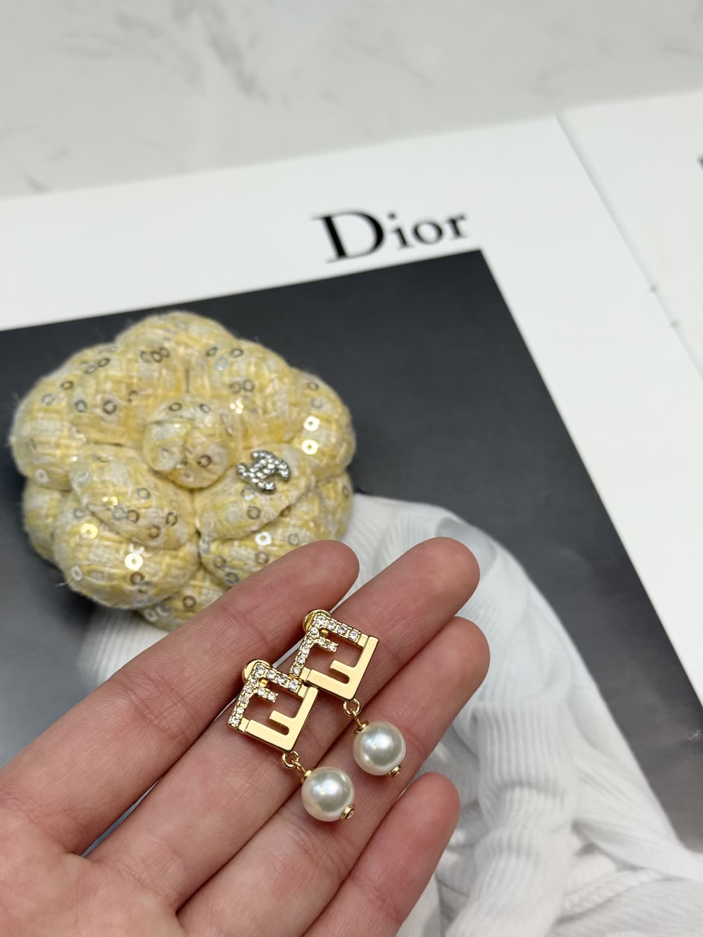 Fendi Gold-tone Crystal and Pearl Earrings