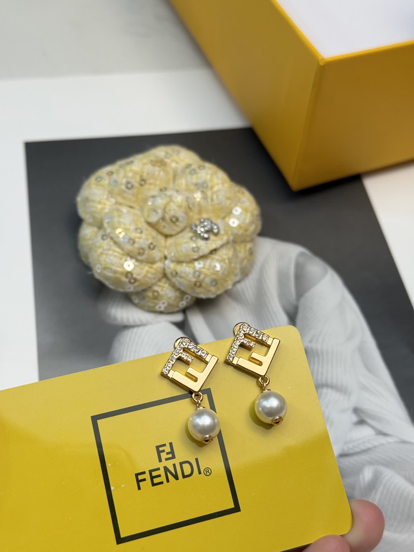 Fendi Gold-tone Crystal and Pearl Earrings