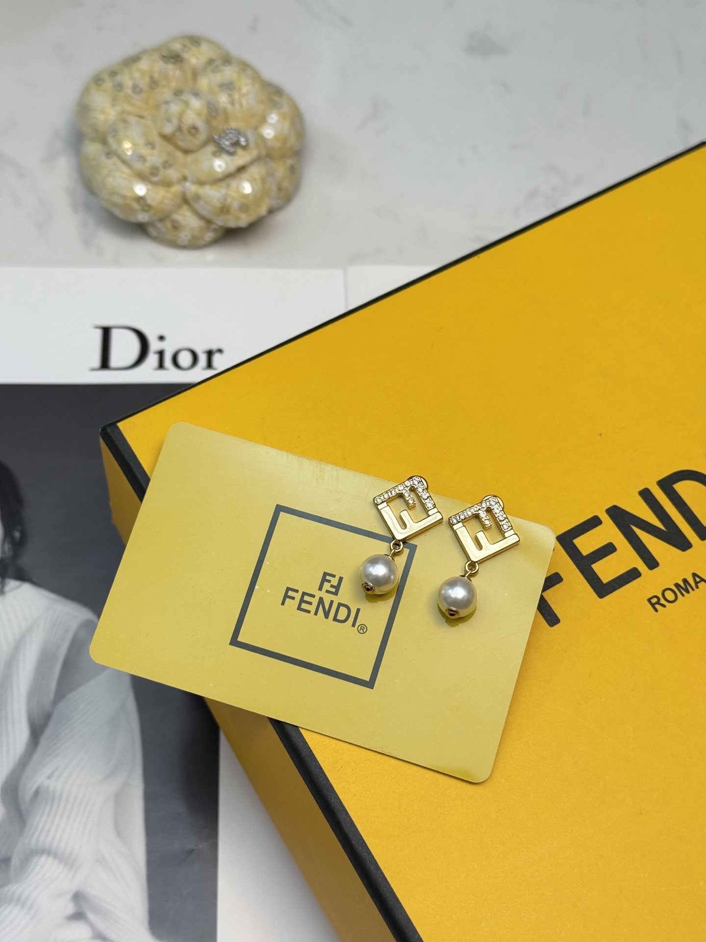 Fendi Gold-tone Crystal and Pearl Earrings