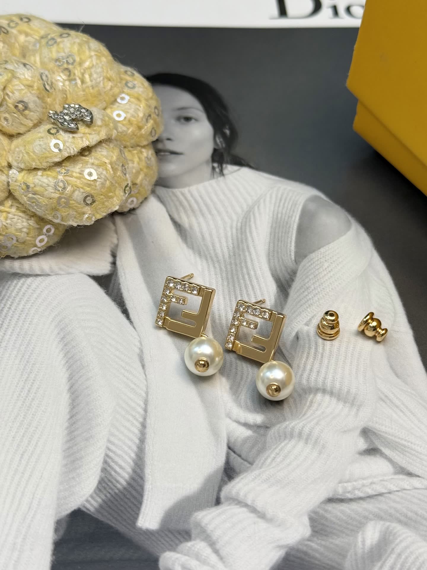 Fendi Gold-tone Crystal and Pearl Earrings