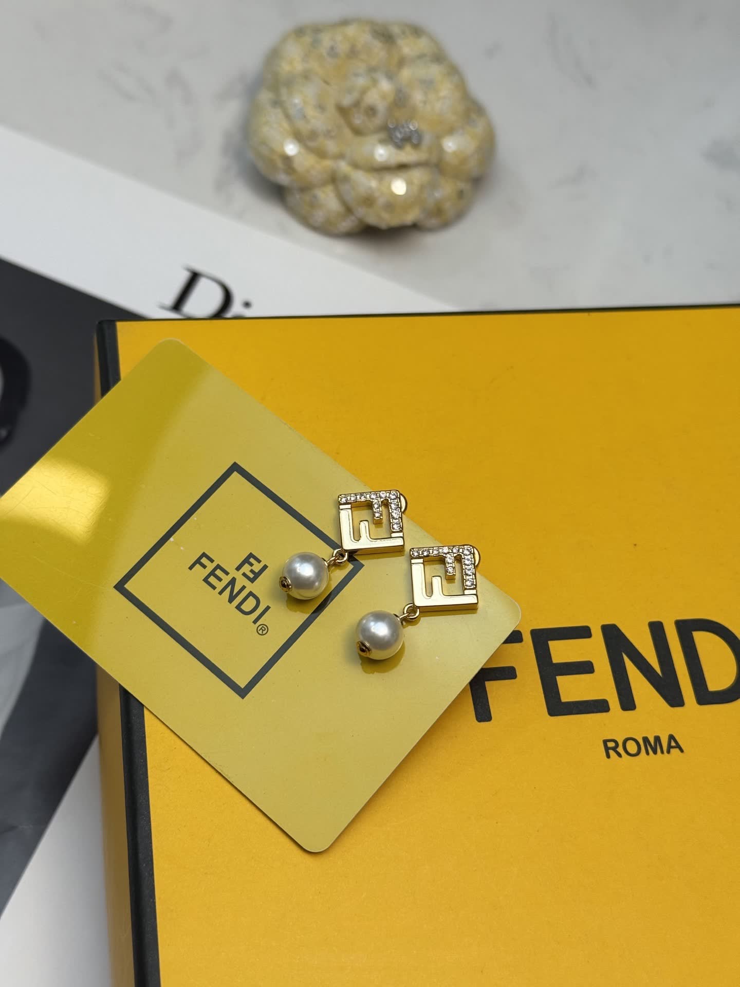 Fendi Gold-tone Crystal and Pearl Earrings