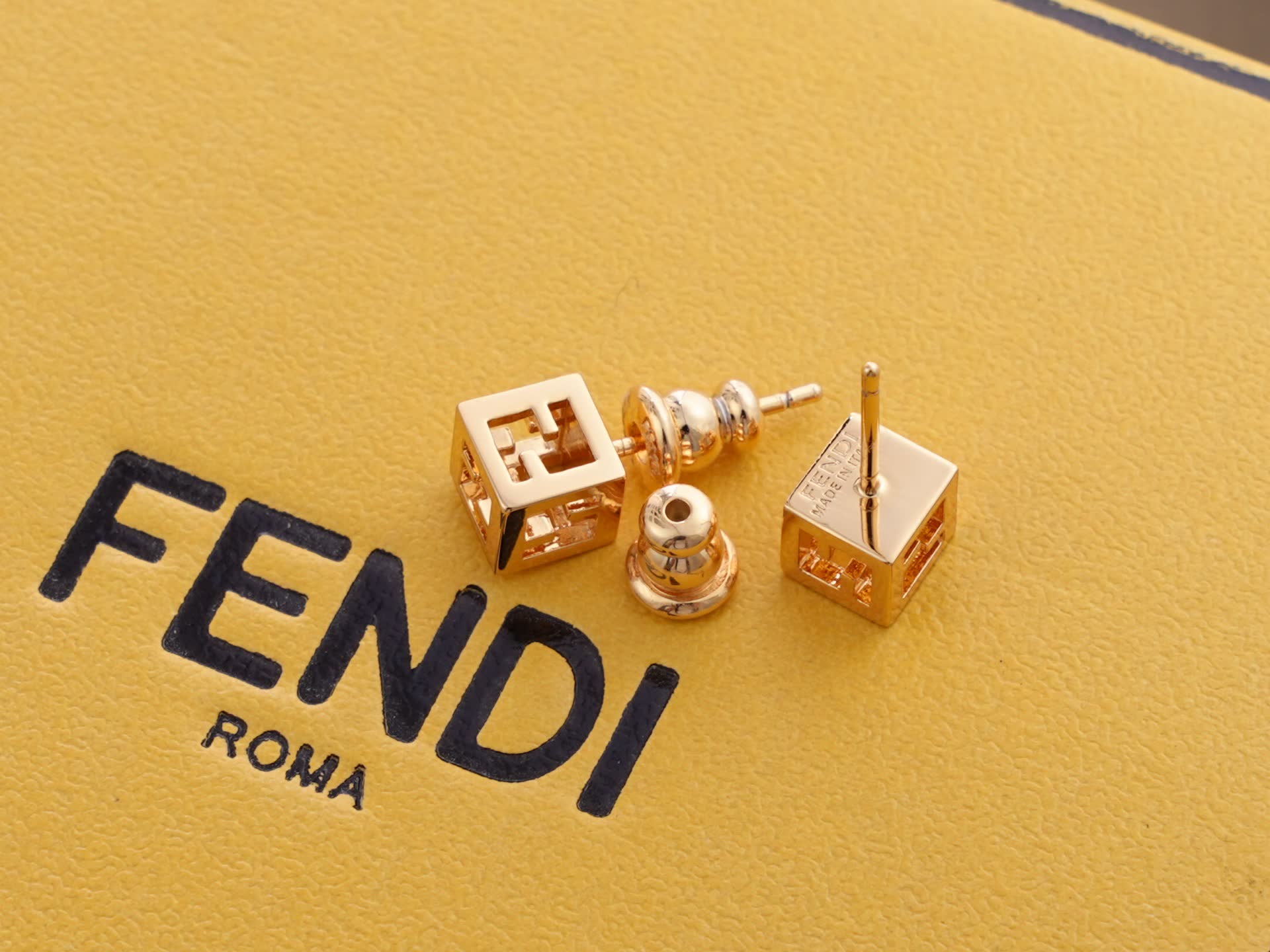 Fendi Gold Cube Stud Earrings
