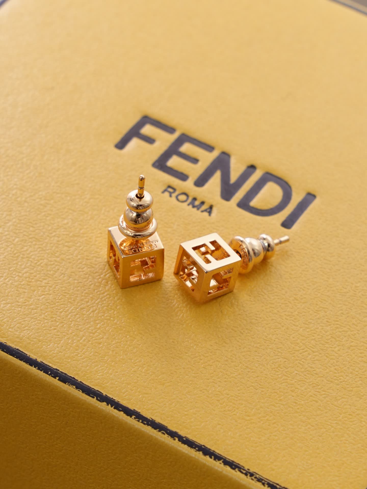 Fendi Gold Cube Stud Earrings