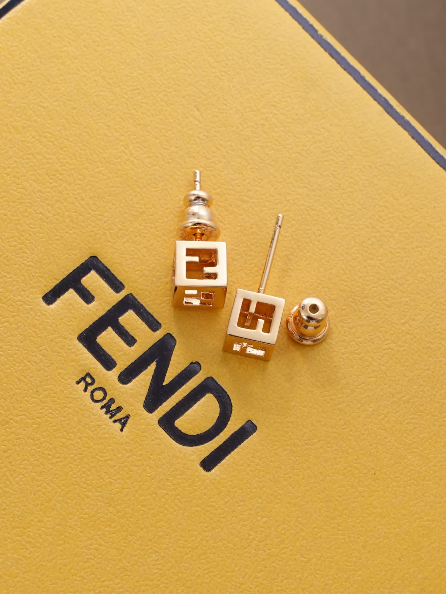 Fendi Gold Cube Stud Earrings