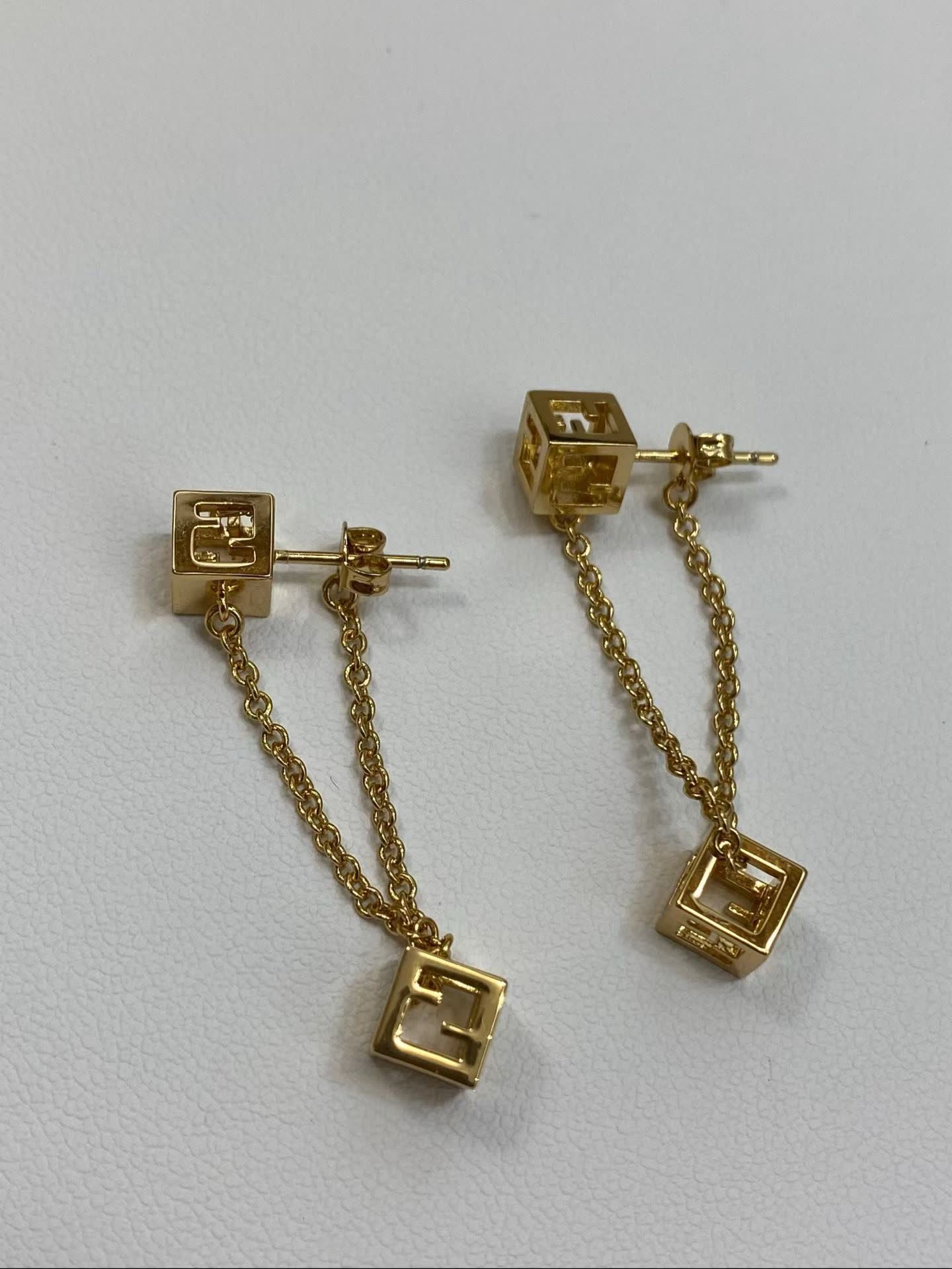 Fendi Gold Tone Logo Cube Drop Earrings