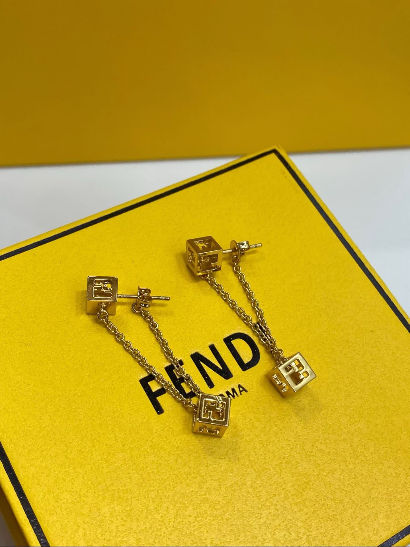 Fendi Gold Tone Logo Cube Drop Earrings