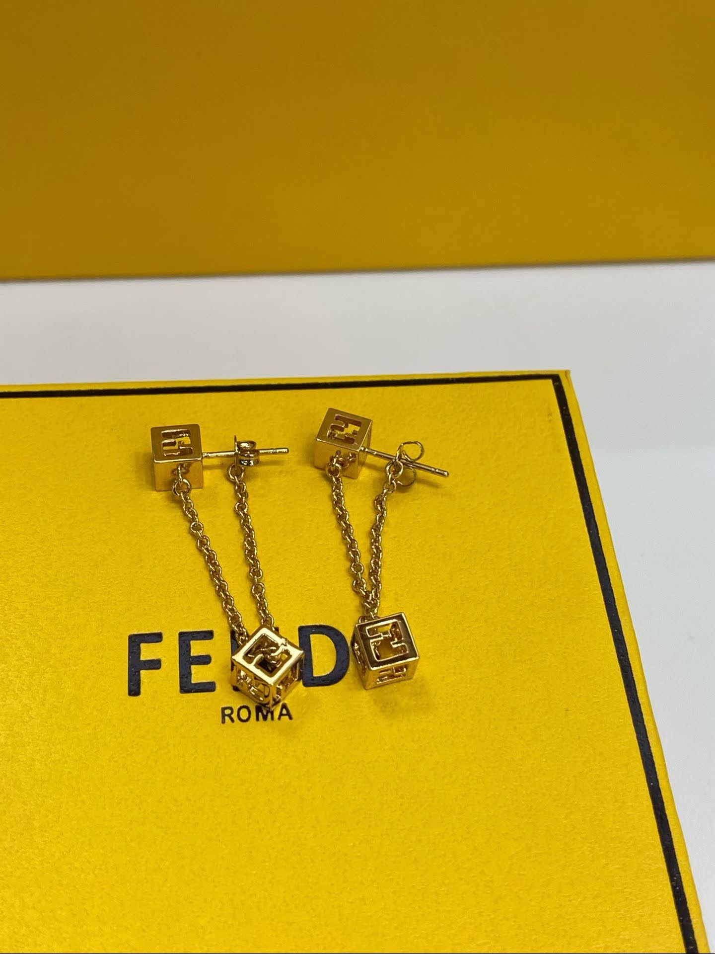 Fendi Gold Tone Logo Cube Drop Earrings
