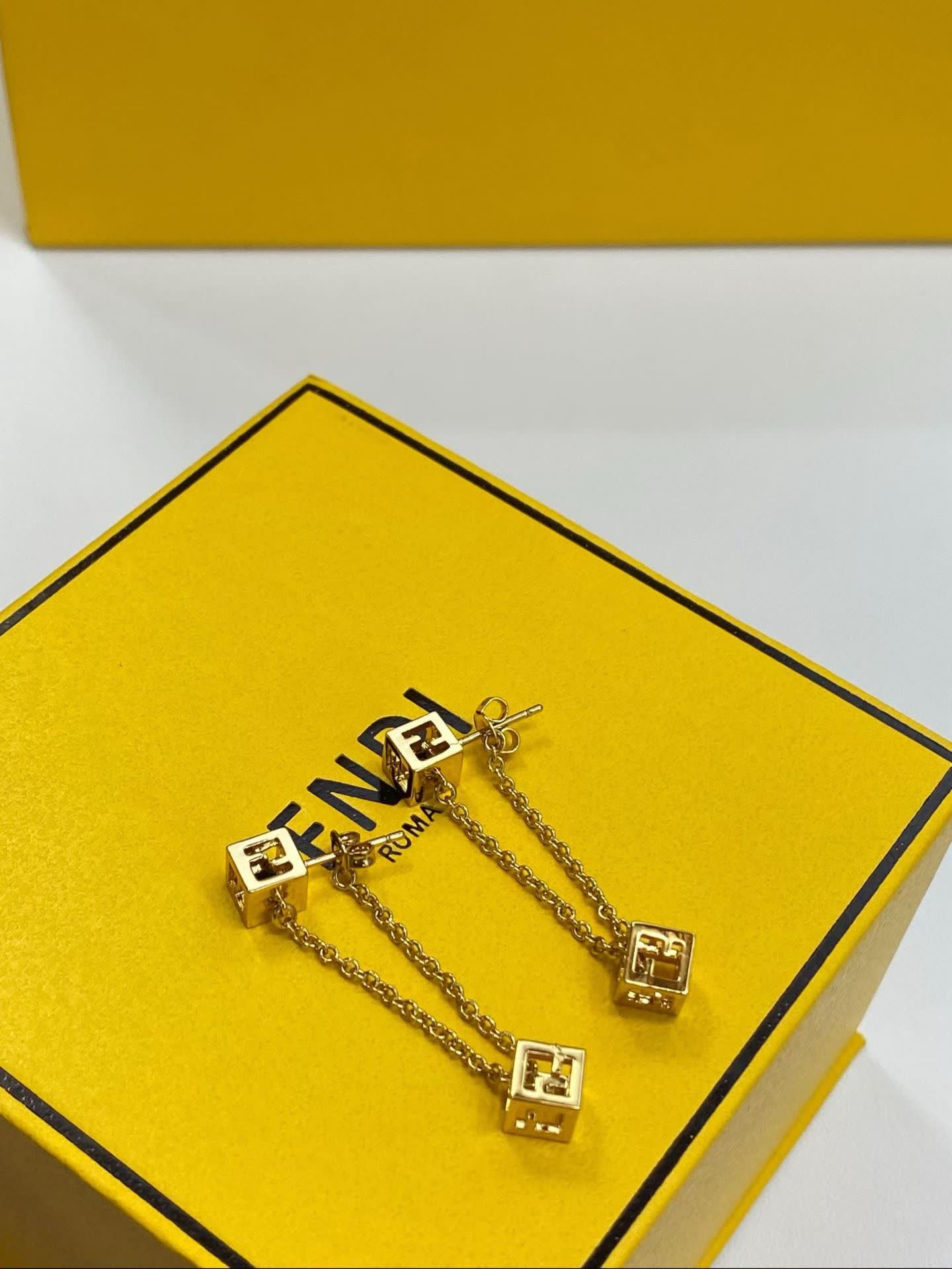 Fendi Gold Tone Logo Cube Drop Earrings