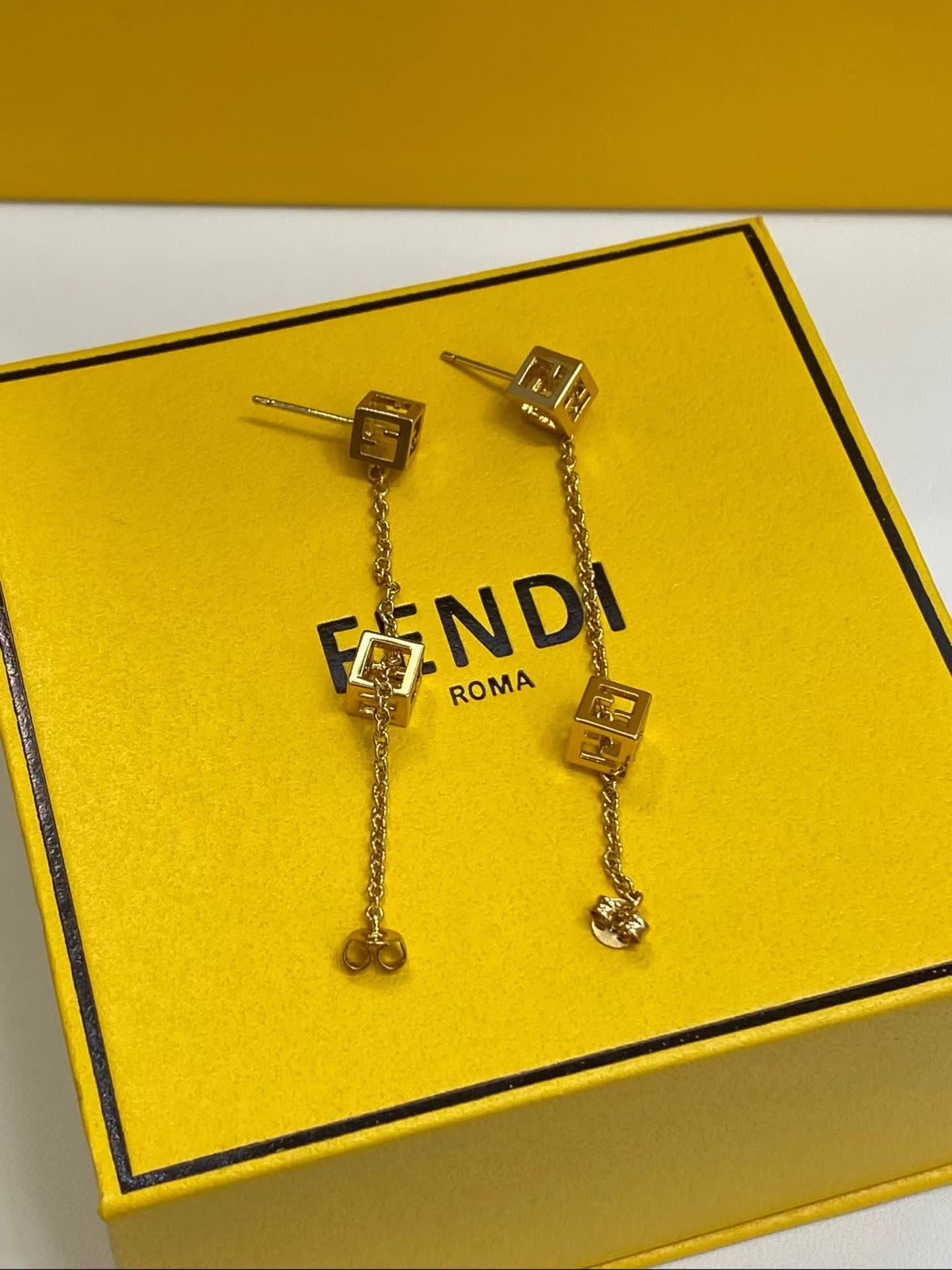 Fendi Gold Tone Logo Cube Drop Earrings