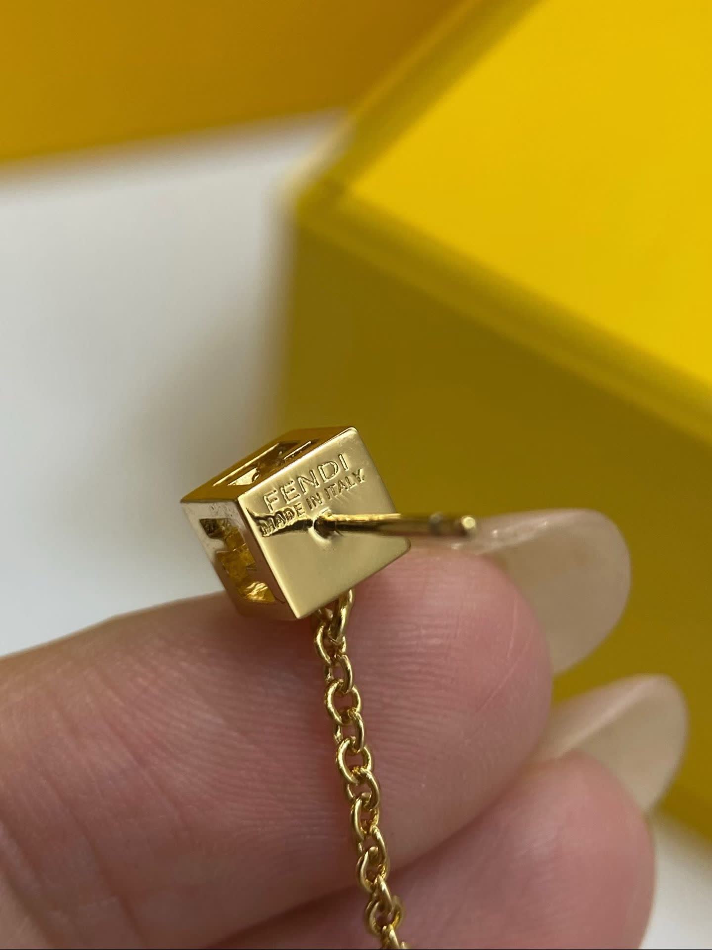 Fendi Gold Tone Logo Cube Drop Earrings
