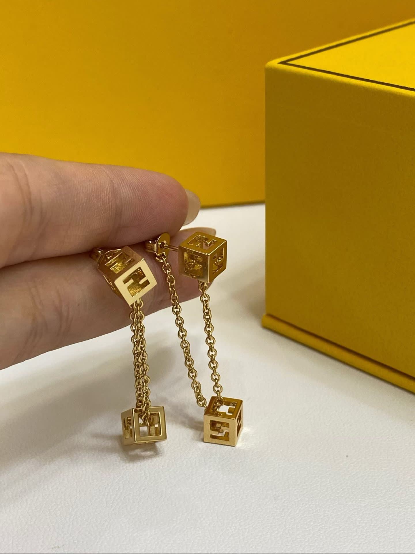 Fendi Gold Tone Logo Cube Drop Earrings