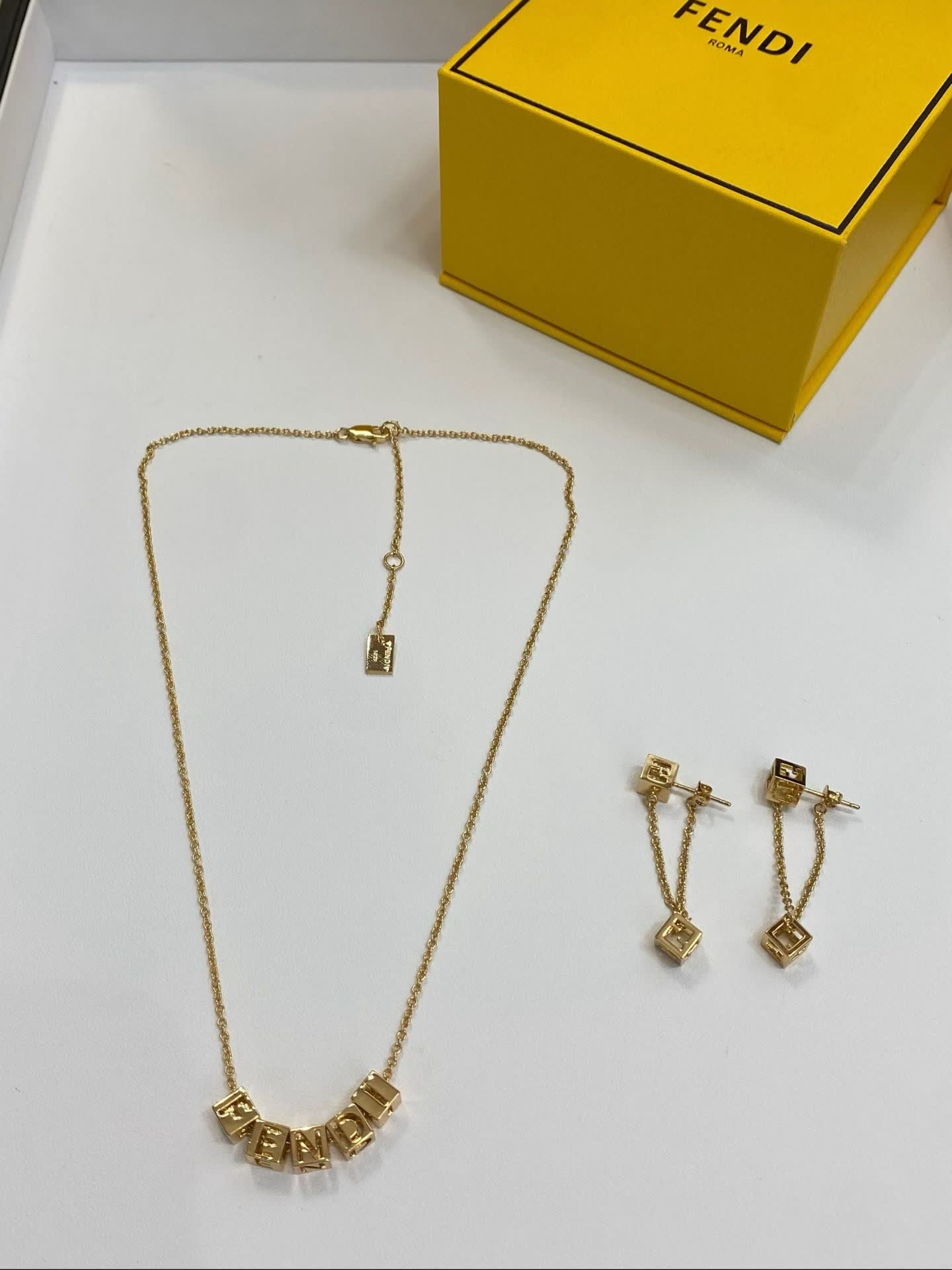 Fendi Gold Tone Logo Cube Drop Earrings