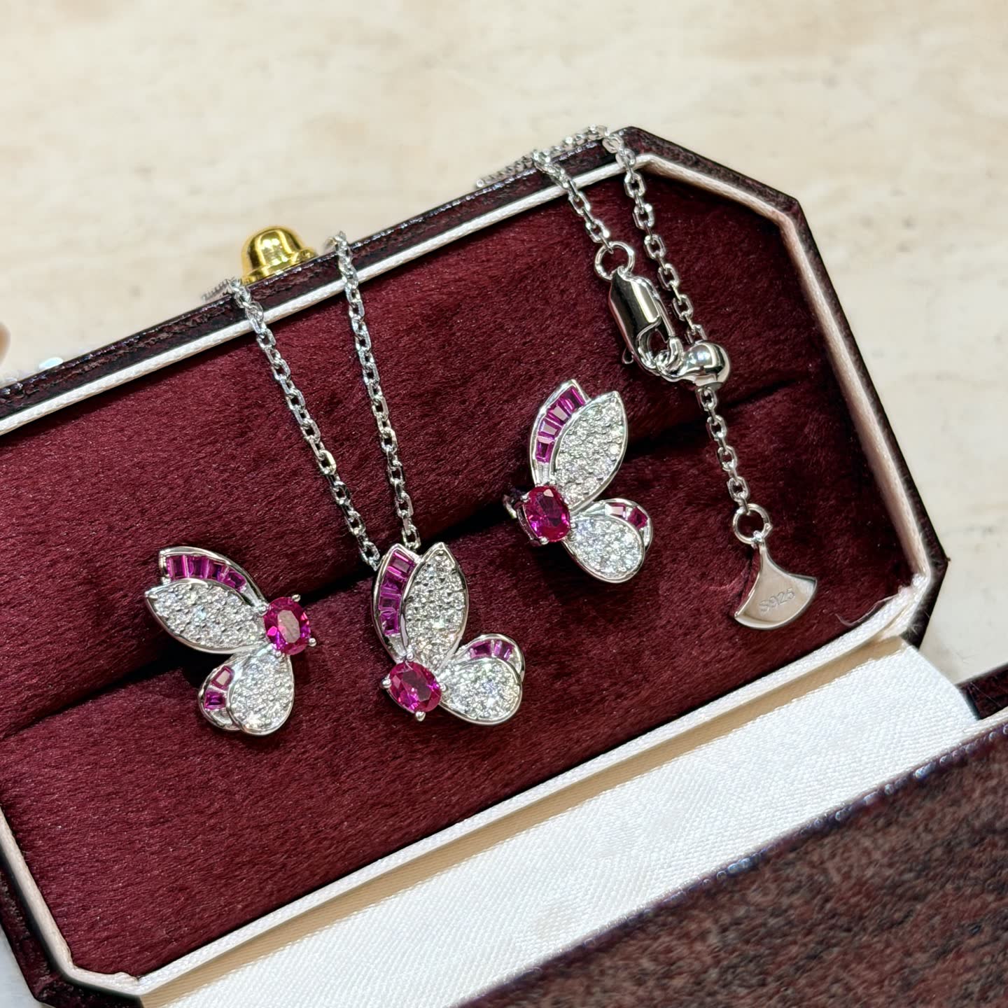 Graff S925 Silver Butterfly Pendant and Earring Set with Pink Zirconia