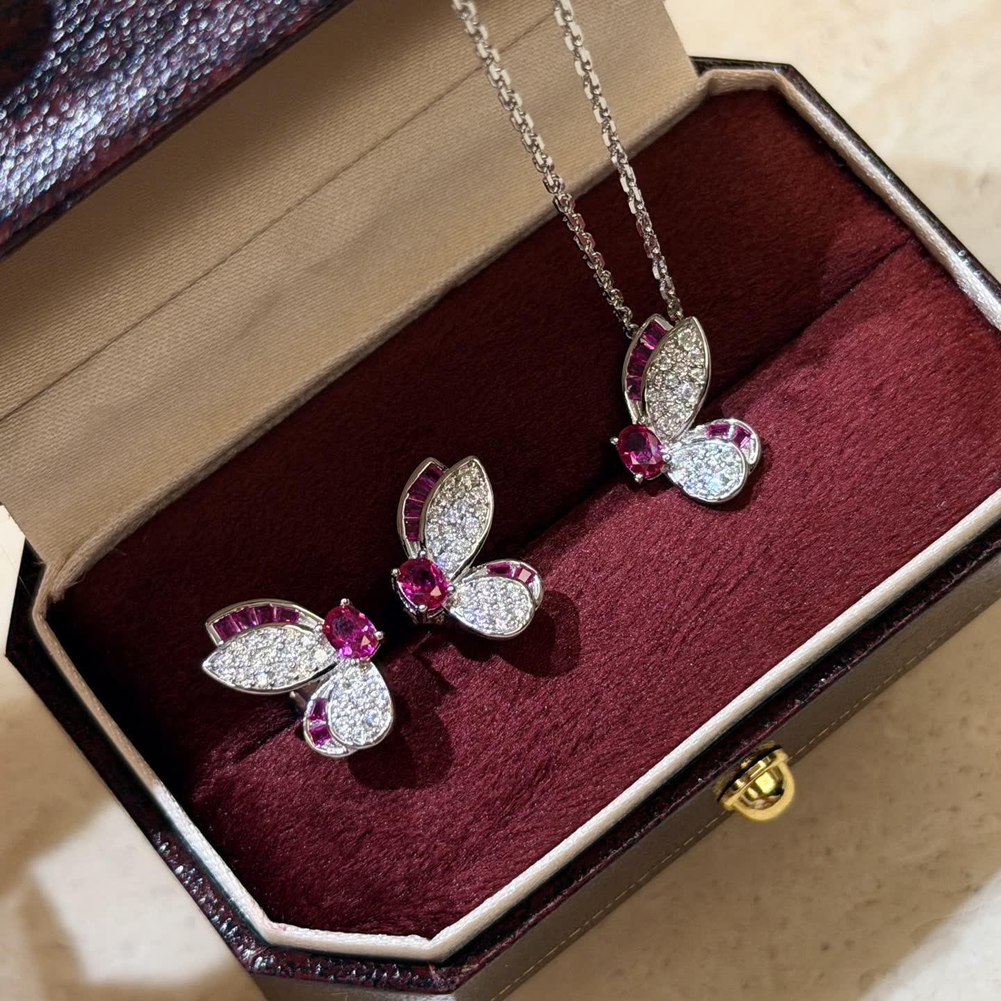 Graff S925 Silver Butterfly Pendant and Earring Set with Pink Zirconia