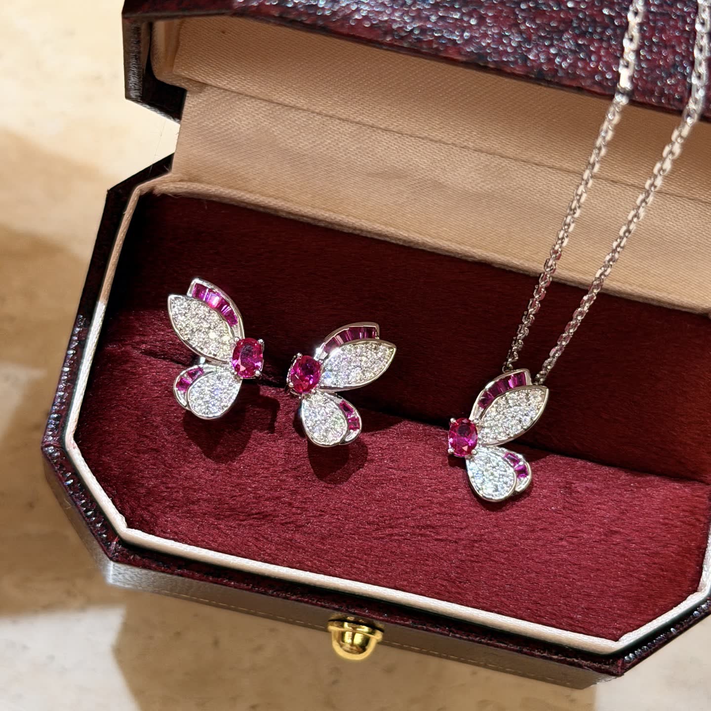 Graff S925 Silver Butterfly Pendant and Earring Set with Pink Zirconia