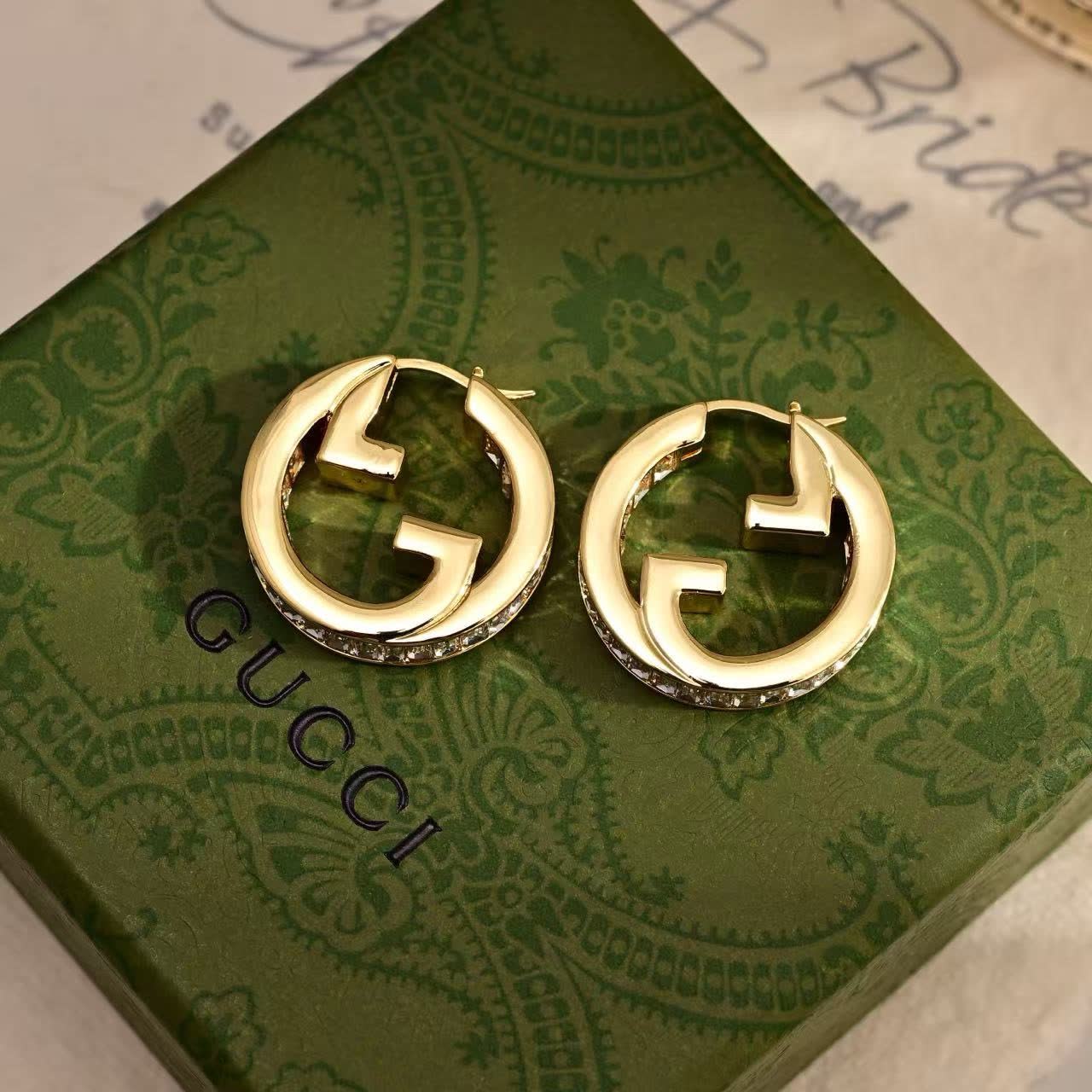 Gucci Gold Tone Crystal Hoop Earrings