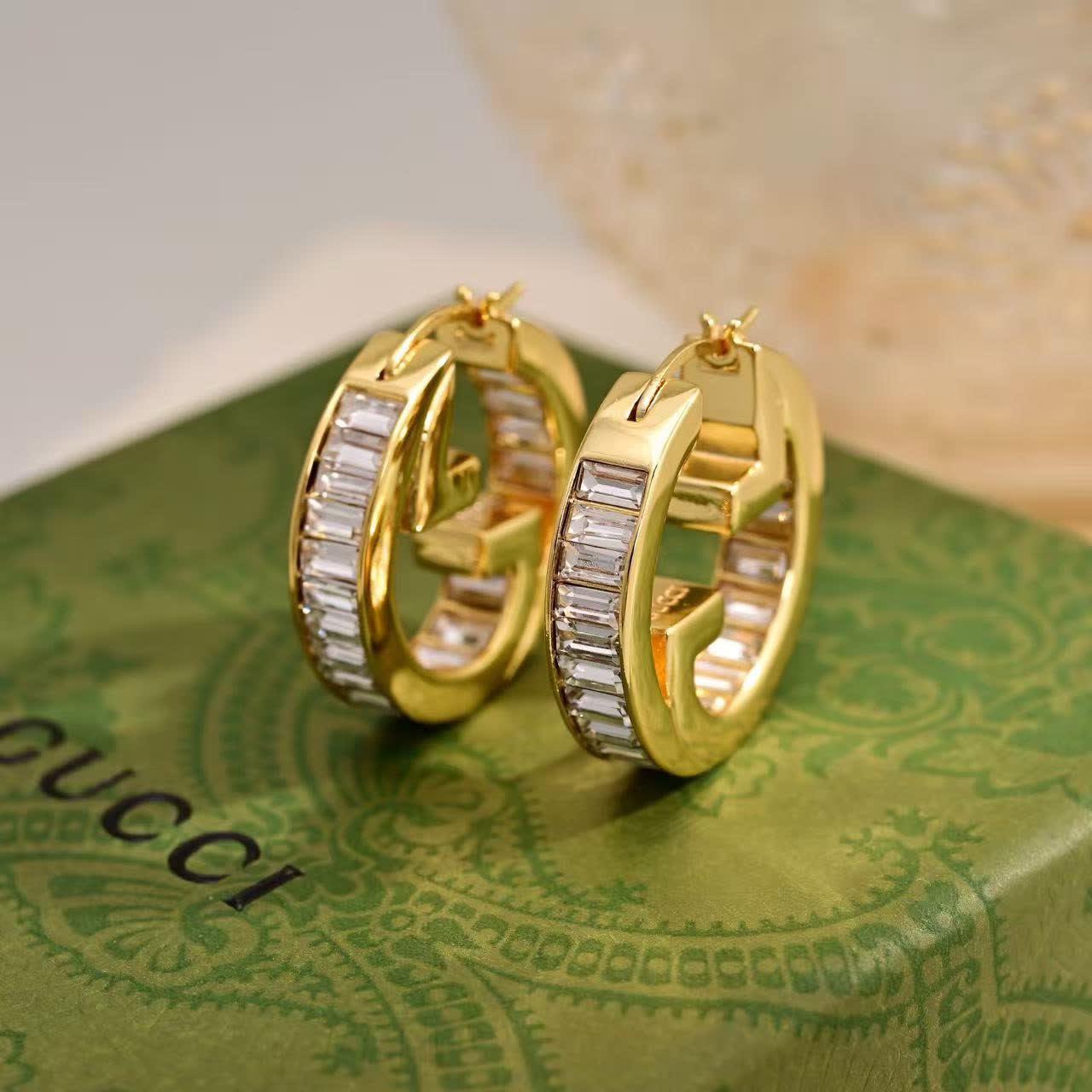 Gucci Gold Tone Crystal Hoop Earrings