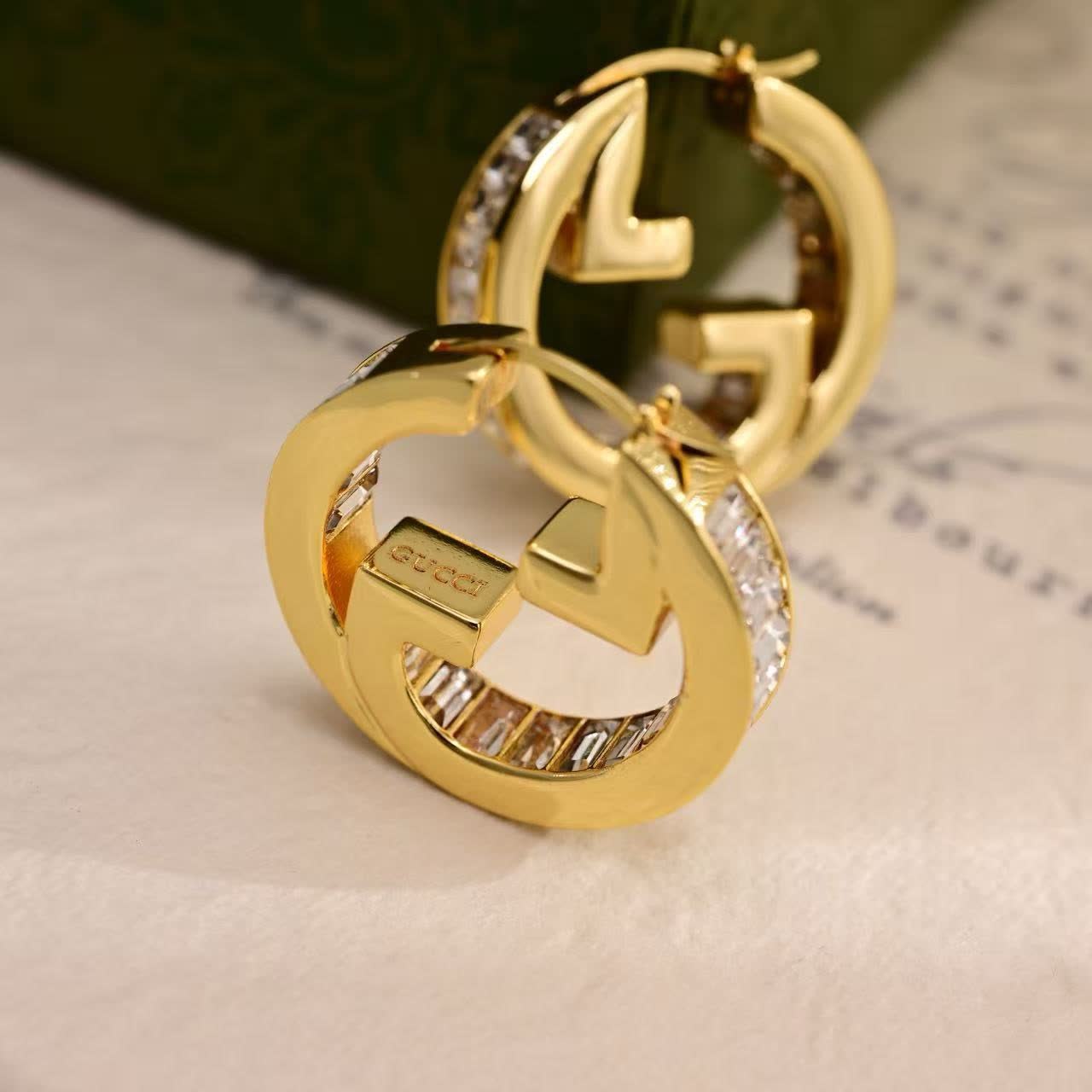 Gucci Gold Tone Crystal Hoop Earrings