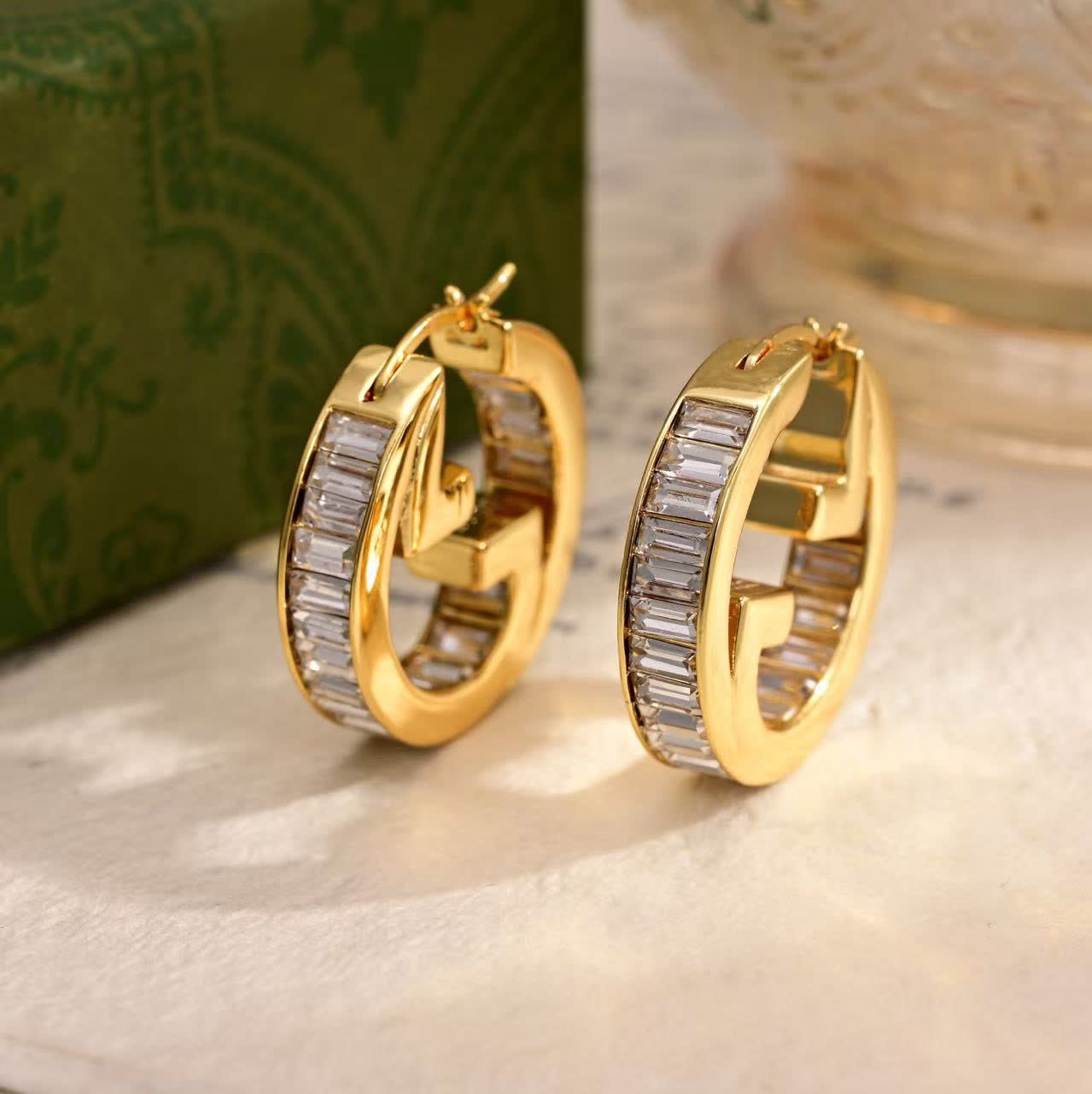 Gucci Gold Tone Crystal Hoop Earrings
