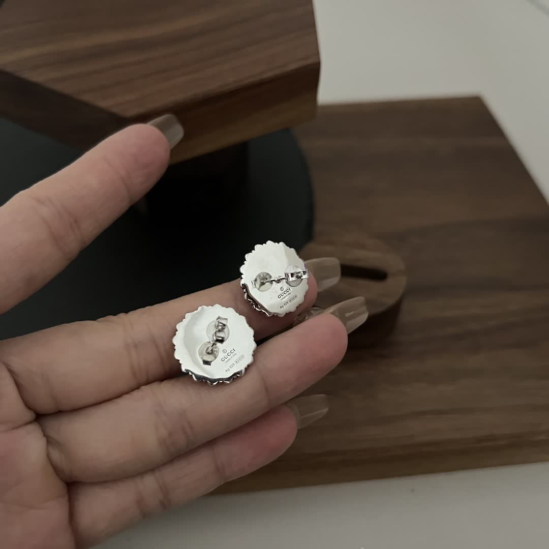 Gucci Silver Flower Stud Earrings with Turquoise