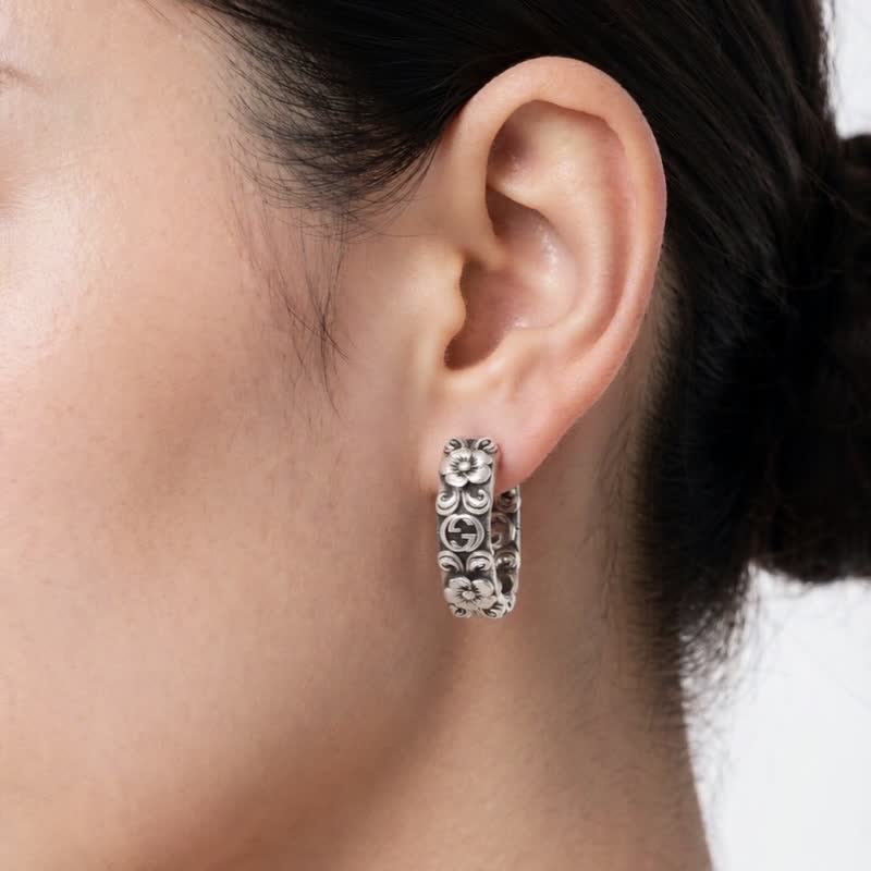 Gucci Silver Floral Hoop Earrings
