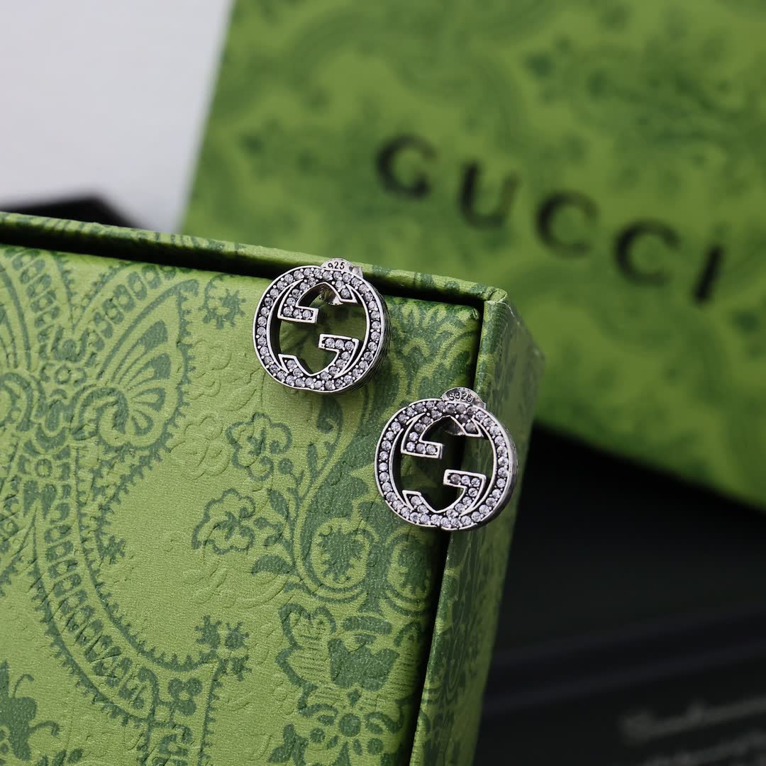 Gucci Silver 'G' Logo Diamond Stud Earrings