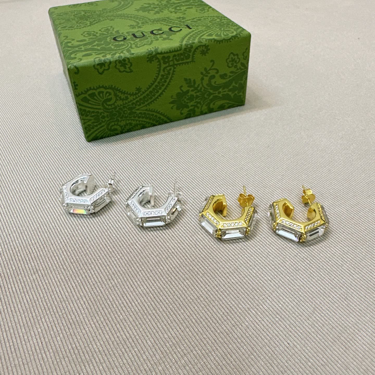 Gucci Silver and Gold Tone Crystal Hoop Earrings