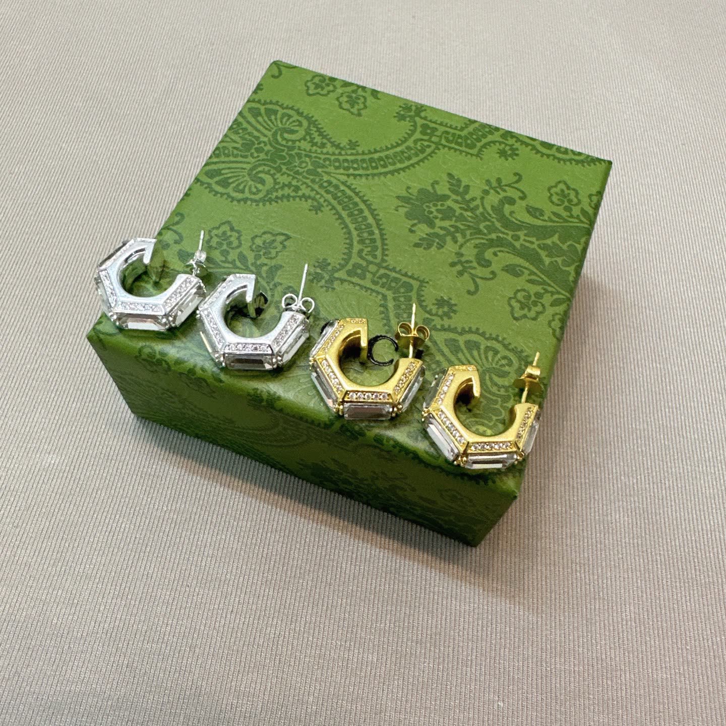 Gucci Silver and Gold Tone Crystal Hoop Earrings
