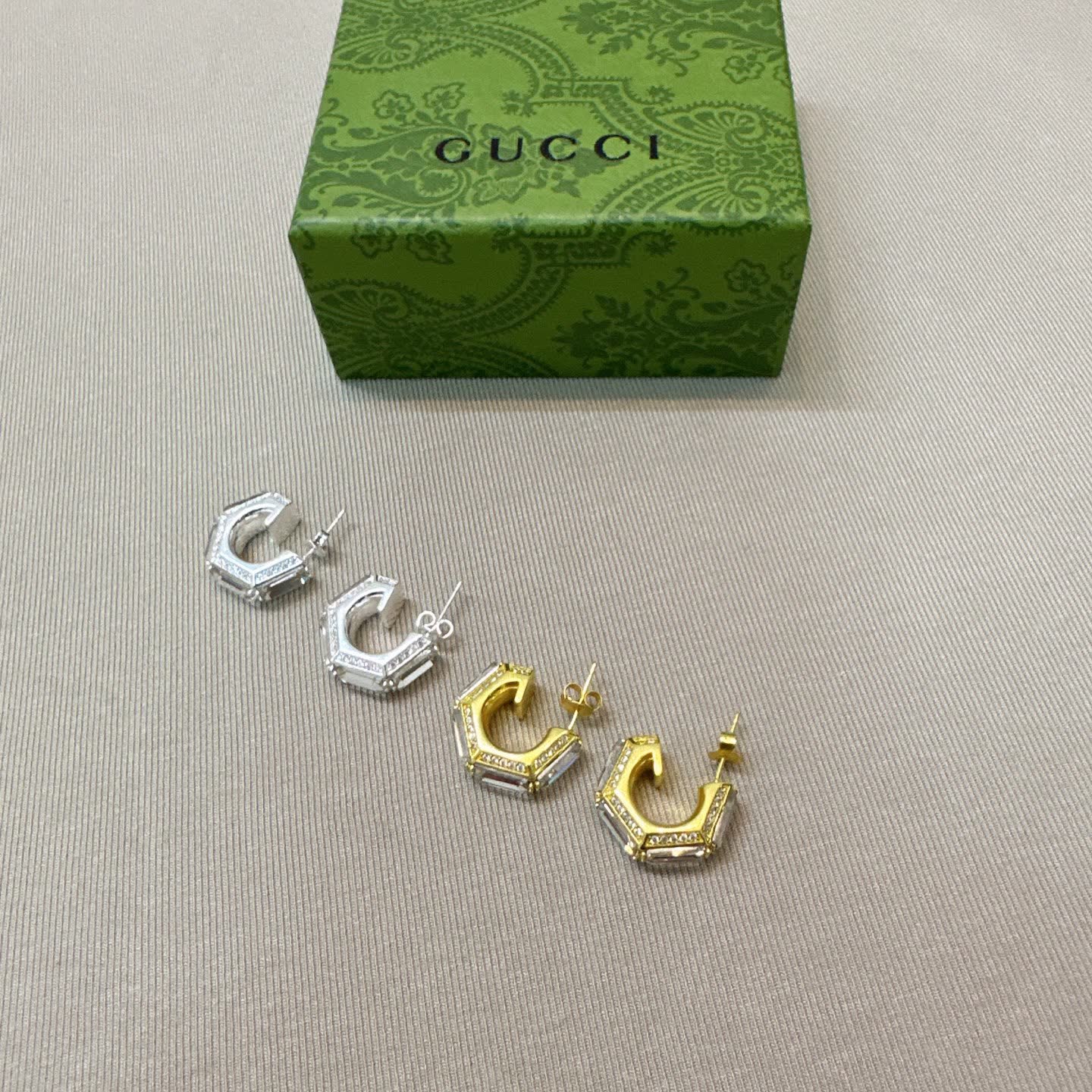 Gucci Silver and Gold Tone Crystal Hoop Earrings