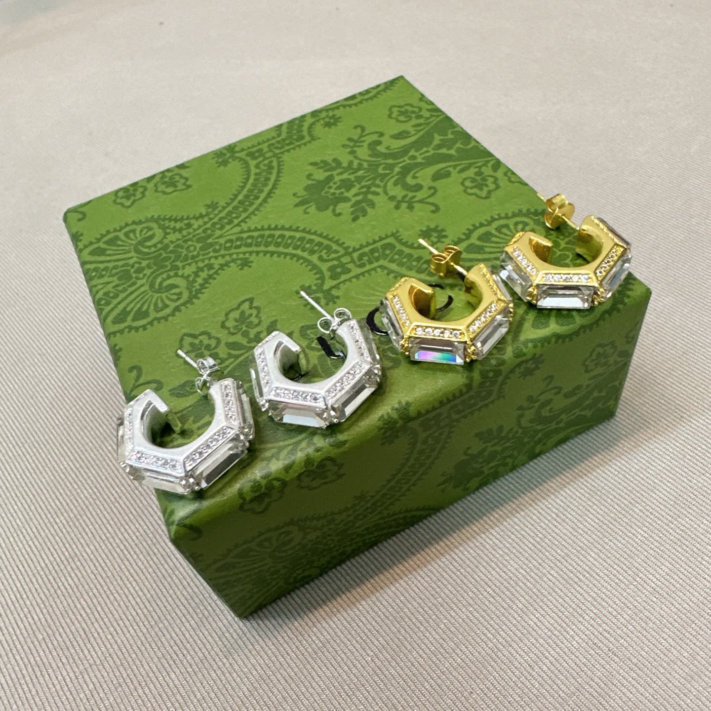 Gucci Silver and Gold Tone Crystal Hoop Earrings