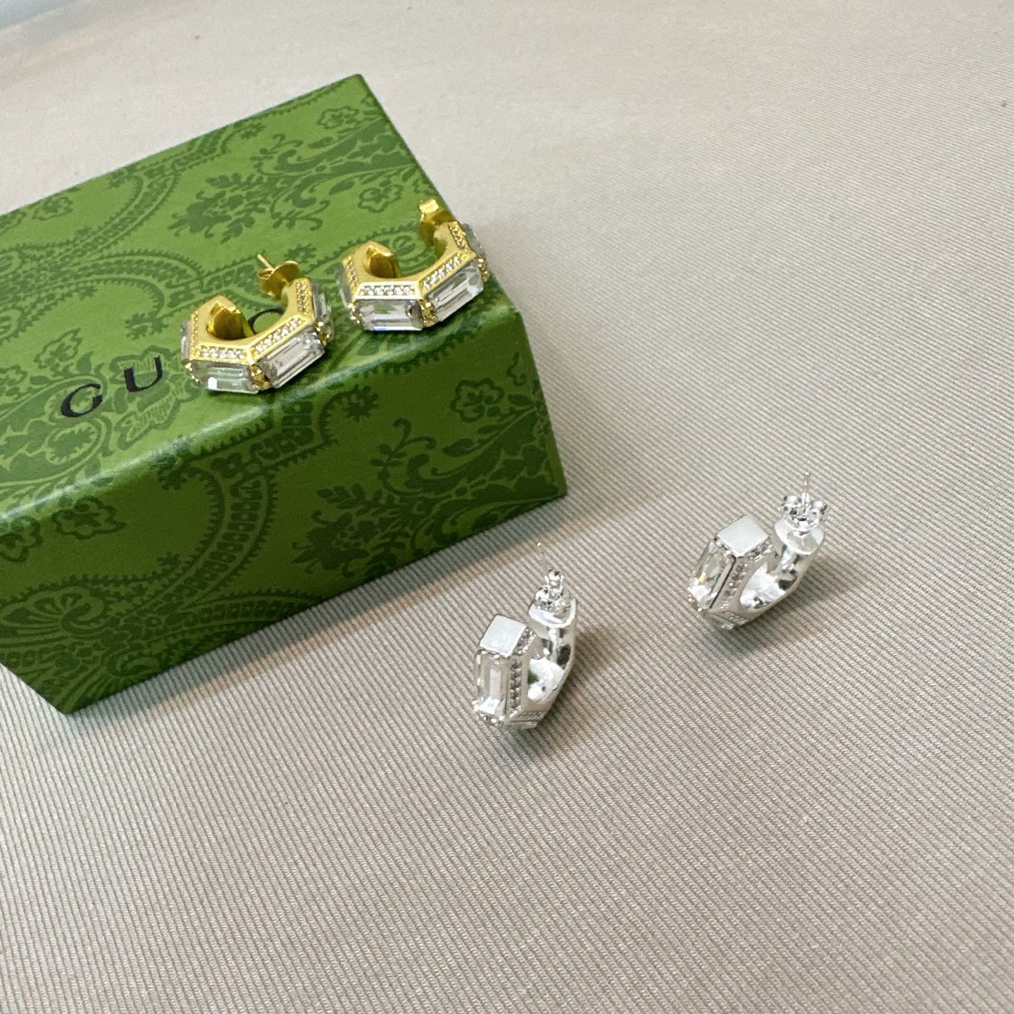 Gucci Silver and Gold Tone Crystal Hoop Earrings