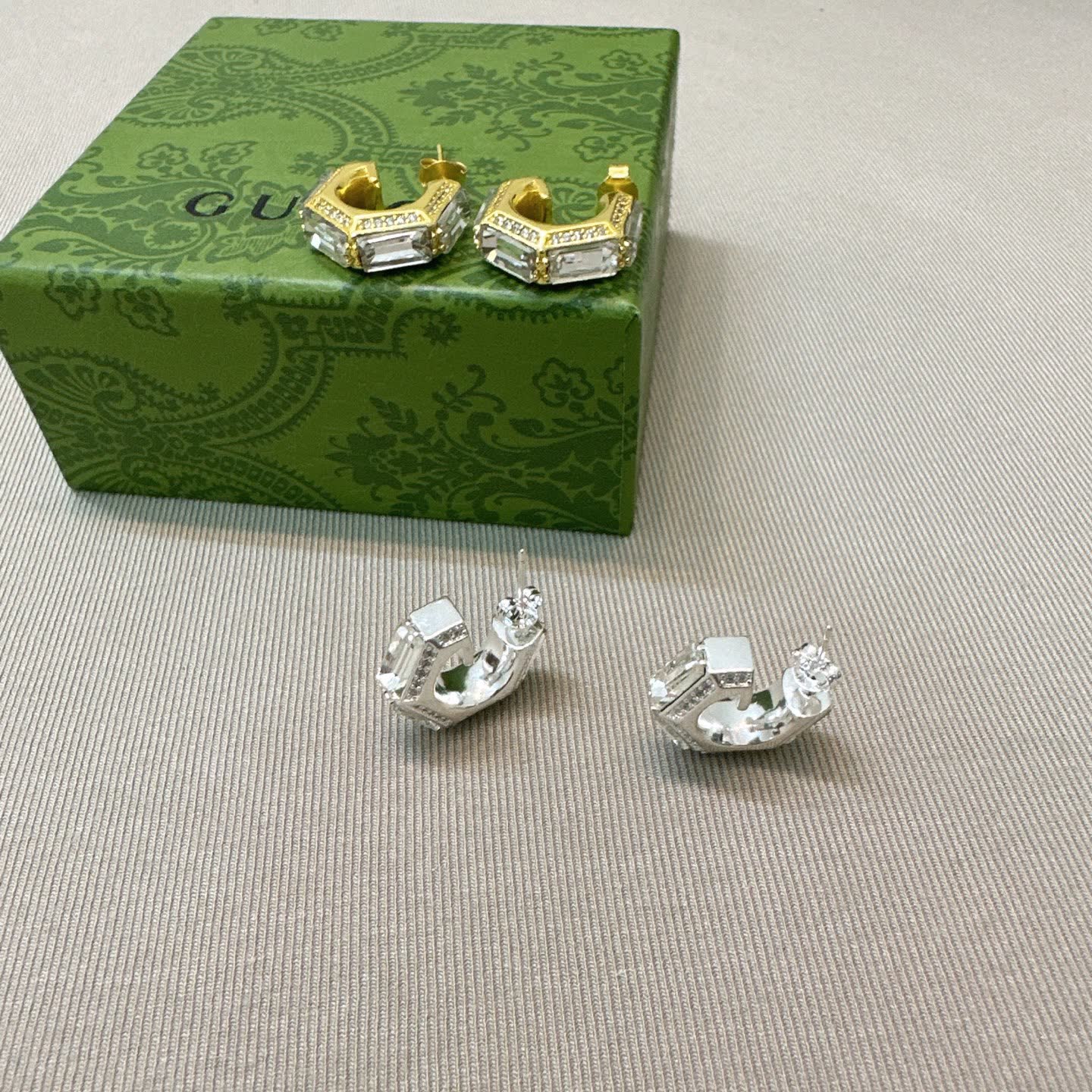 Gucci Silver and Gold Tone Crystal Hoop Earrings