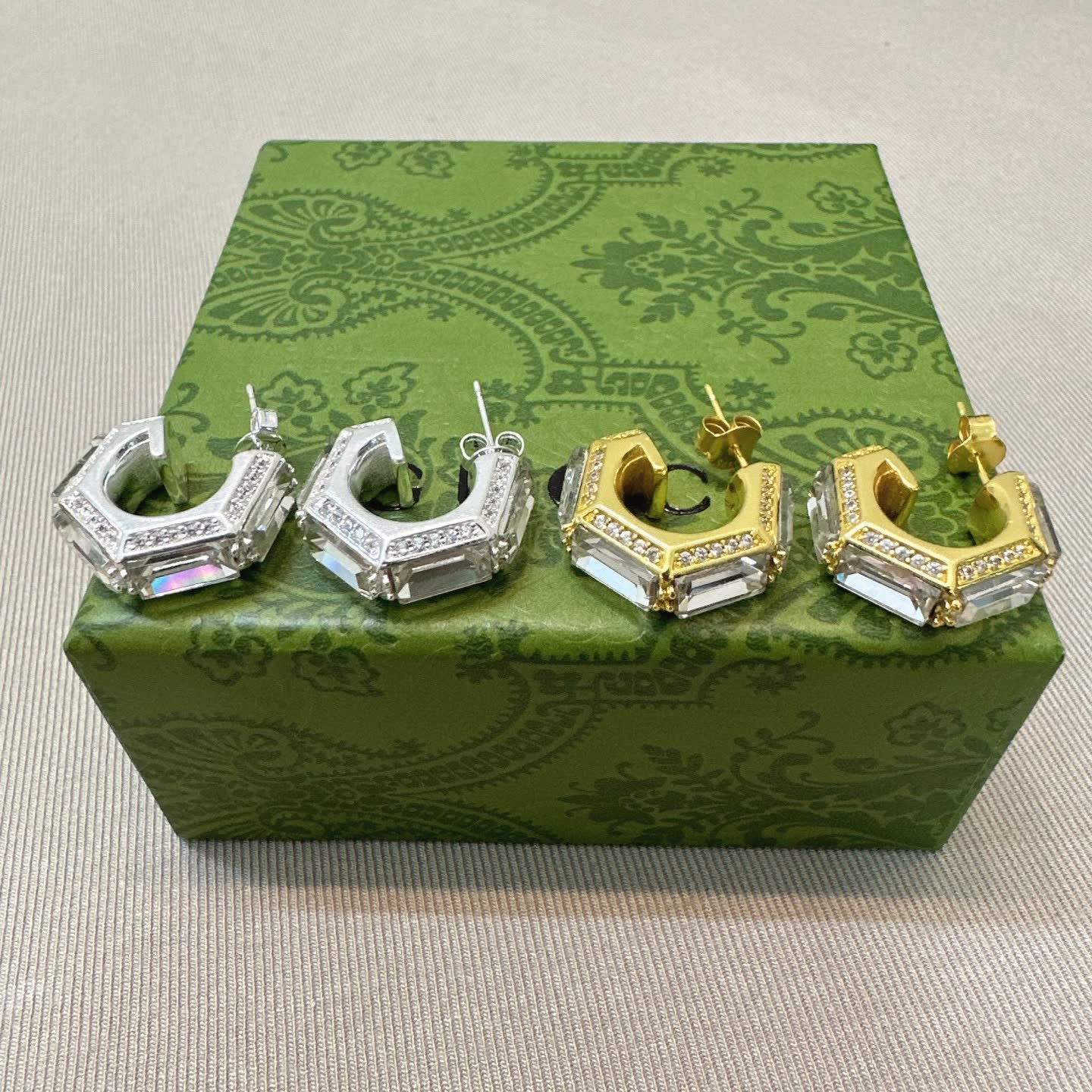 Gucci Silver and Gold Tone Crystal Hoop Earrings