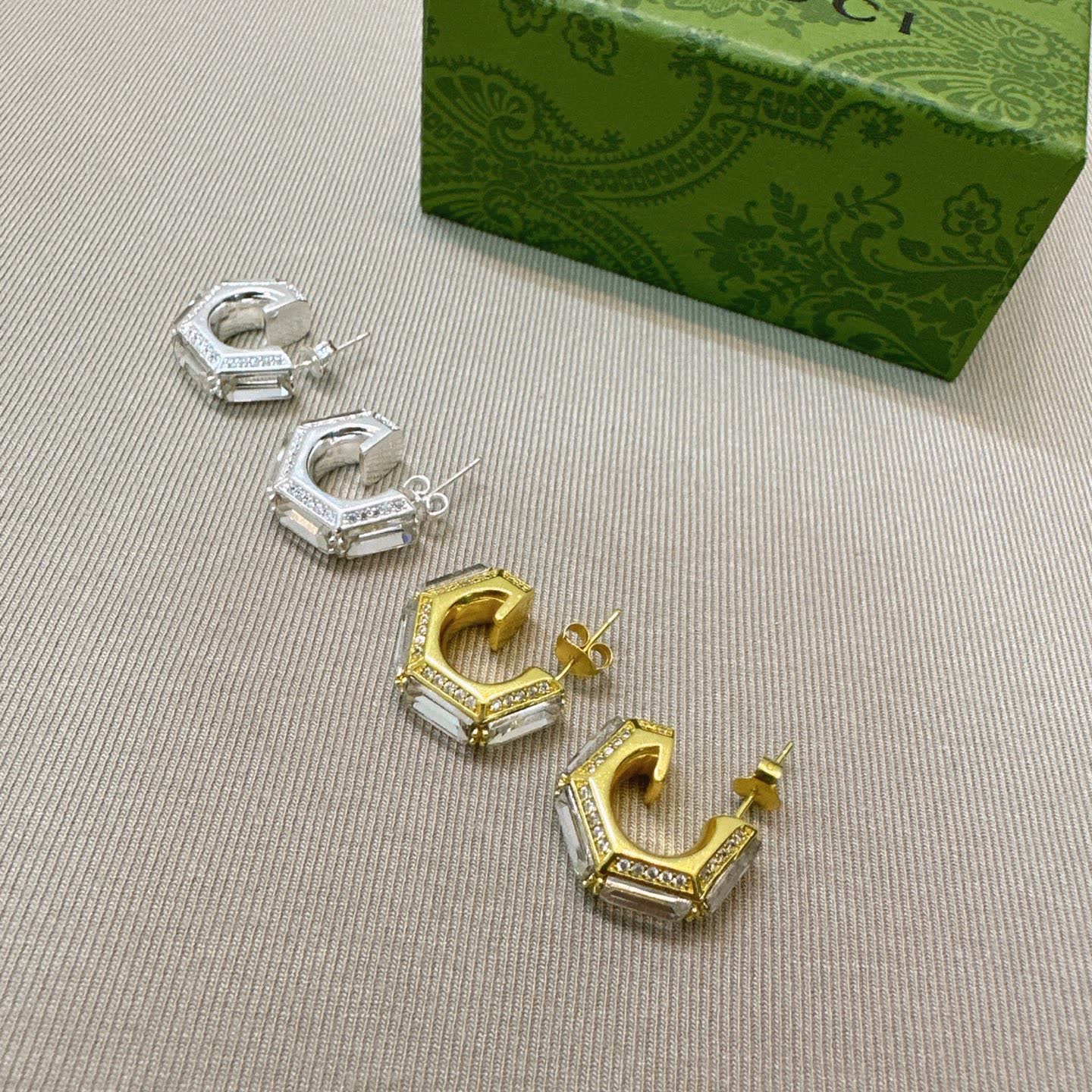 Gucci Silver and Gold Tone Crystal Hoop Earrings