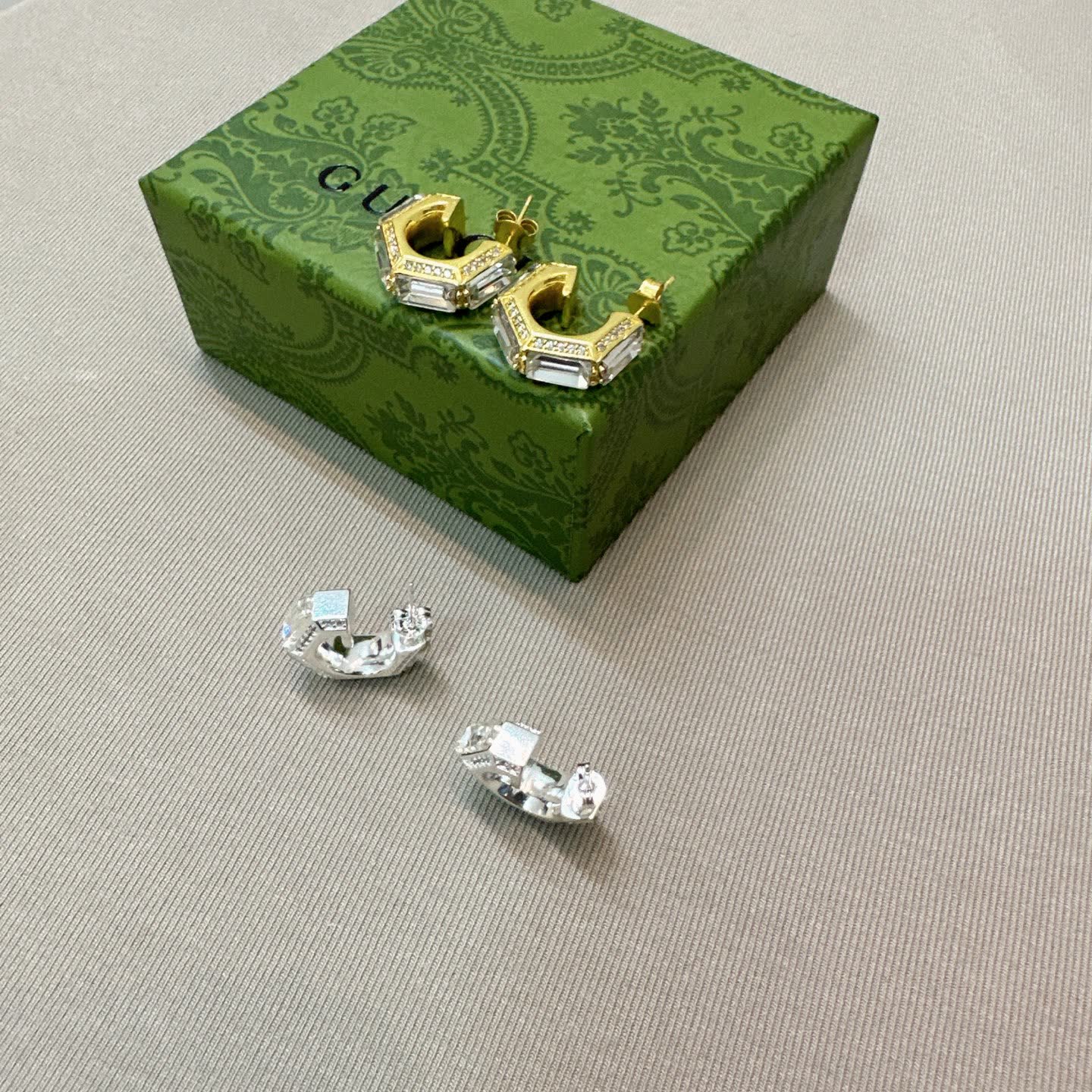 Gucci Silver and Gold Tone Crystal Hoop Earrings