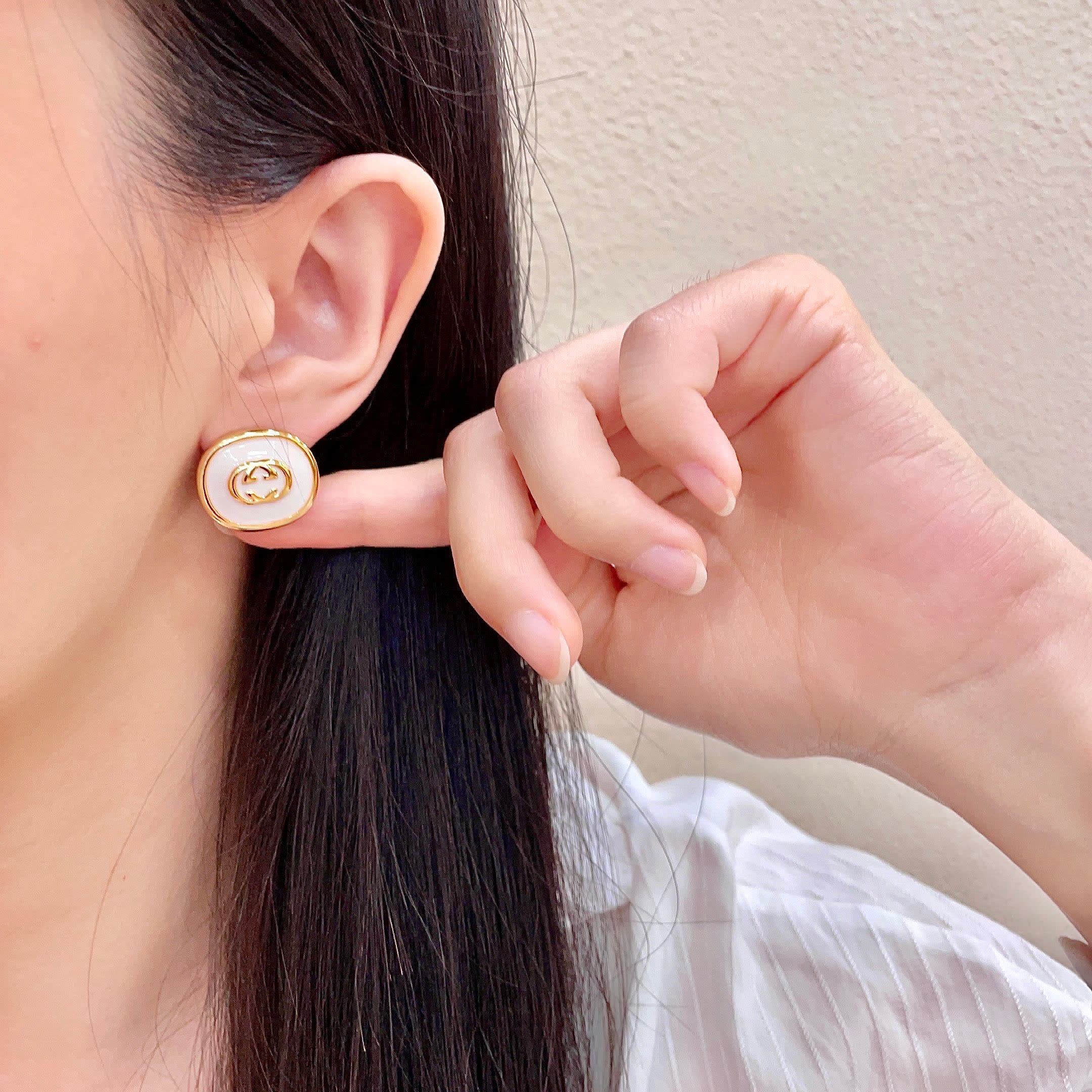 Chanel Gold and White Enamel Stud Earrings