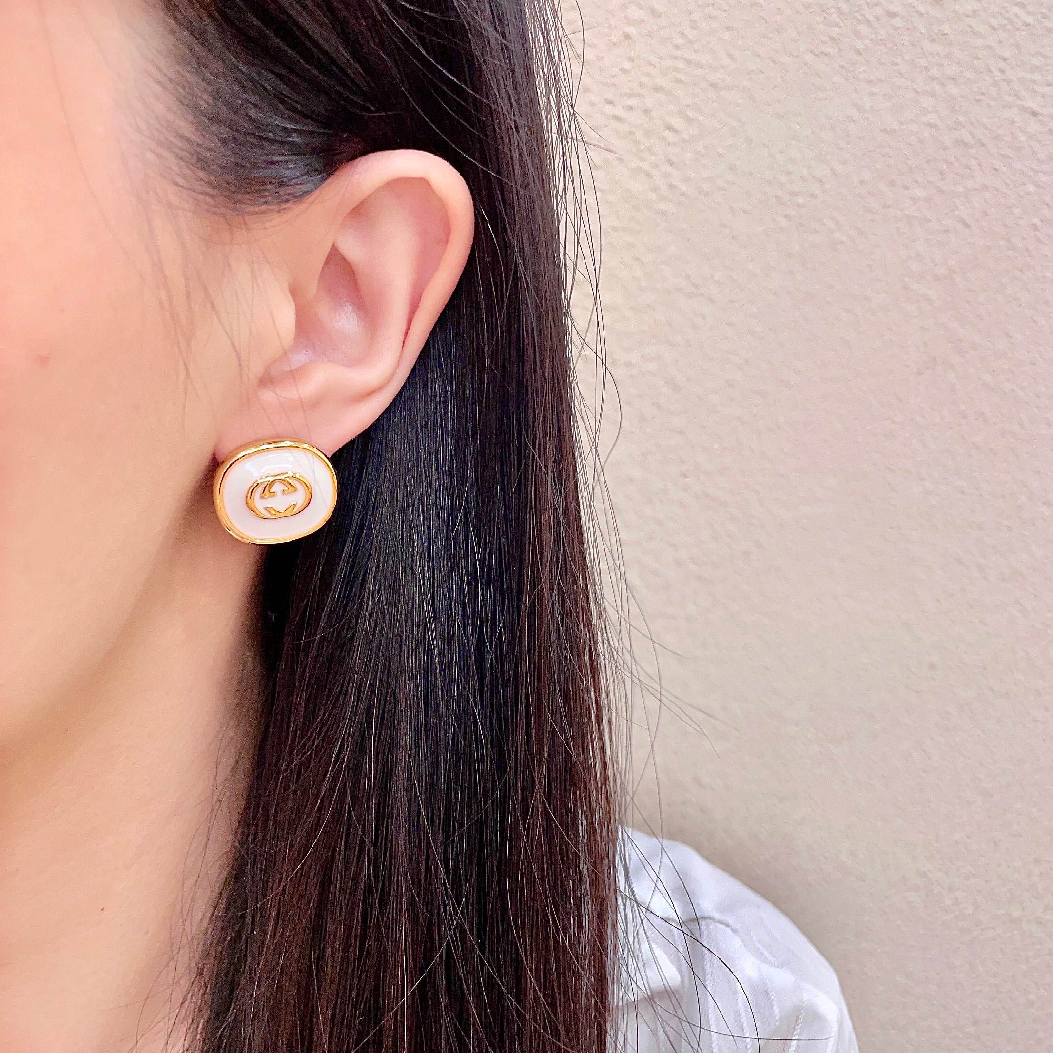 Chanel Gold and White Enamel Stud Earrings