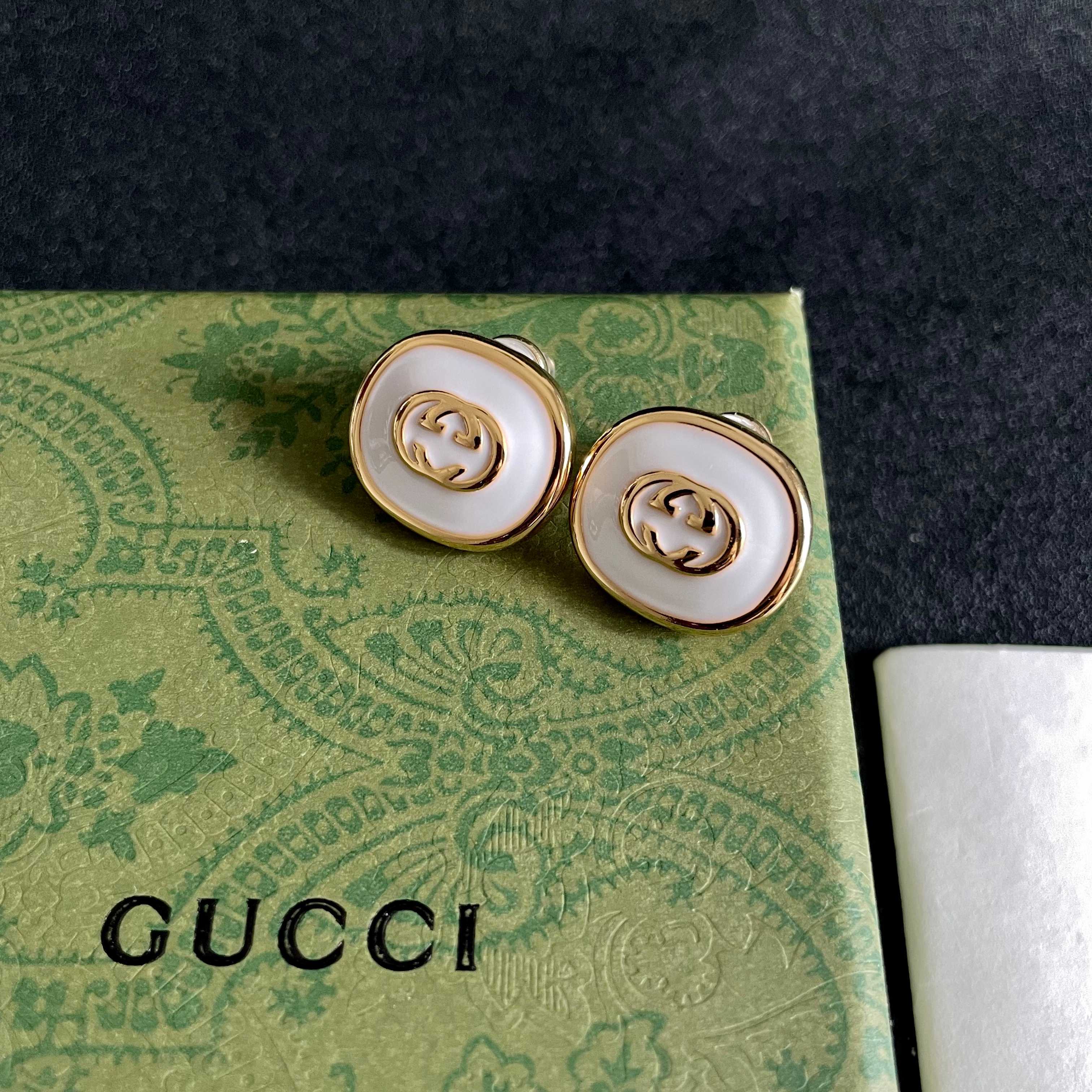 Chanel Gold and White Enamel Stud Earrings