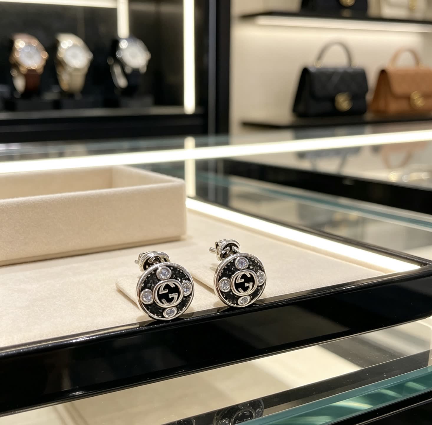 Gucci Silver Tone Crystal Stud Earrings