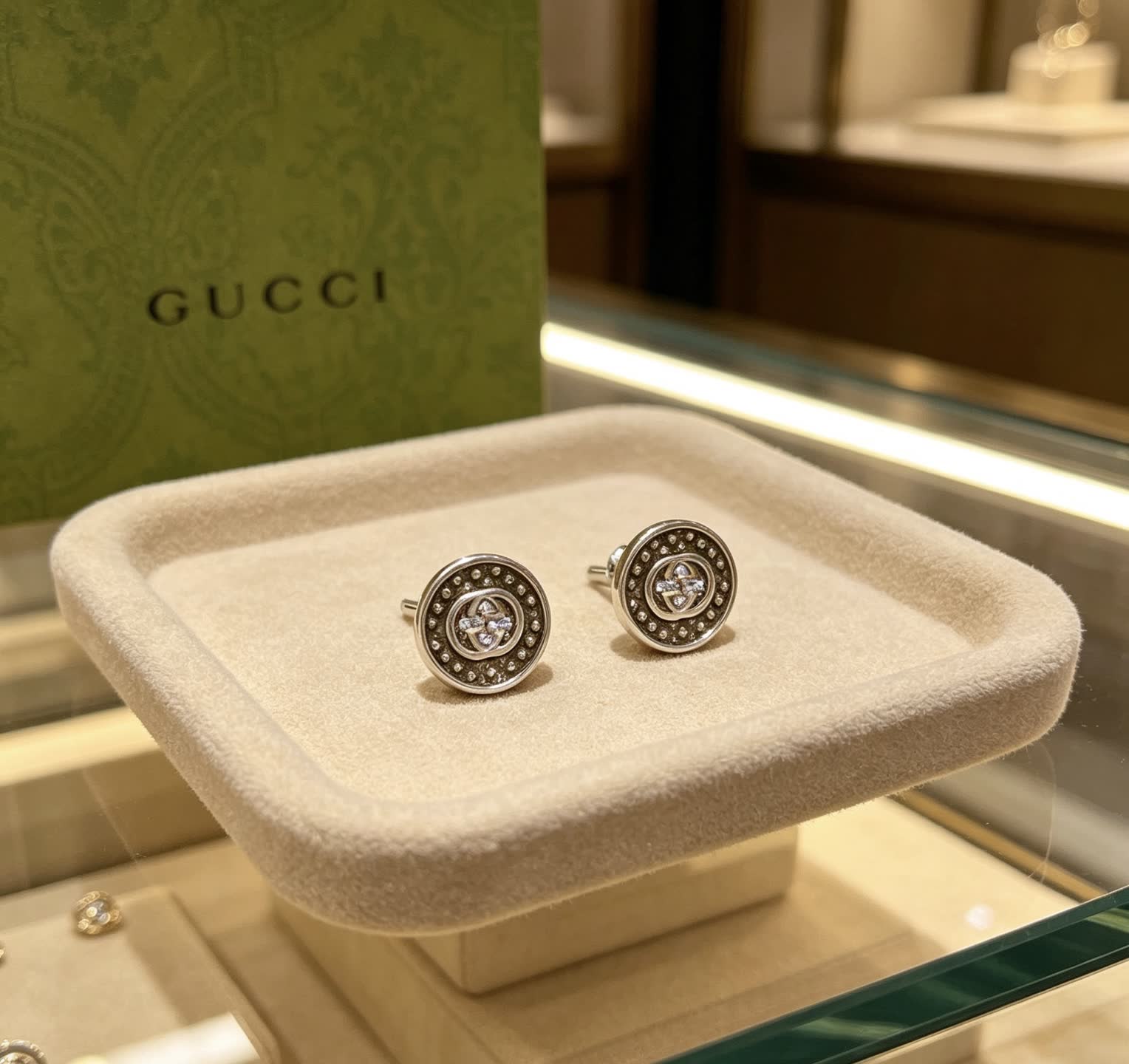 Gucci Silver Tone Round Stud Earrings with Crystal Accents