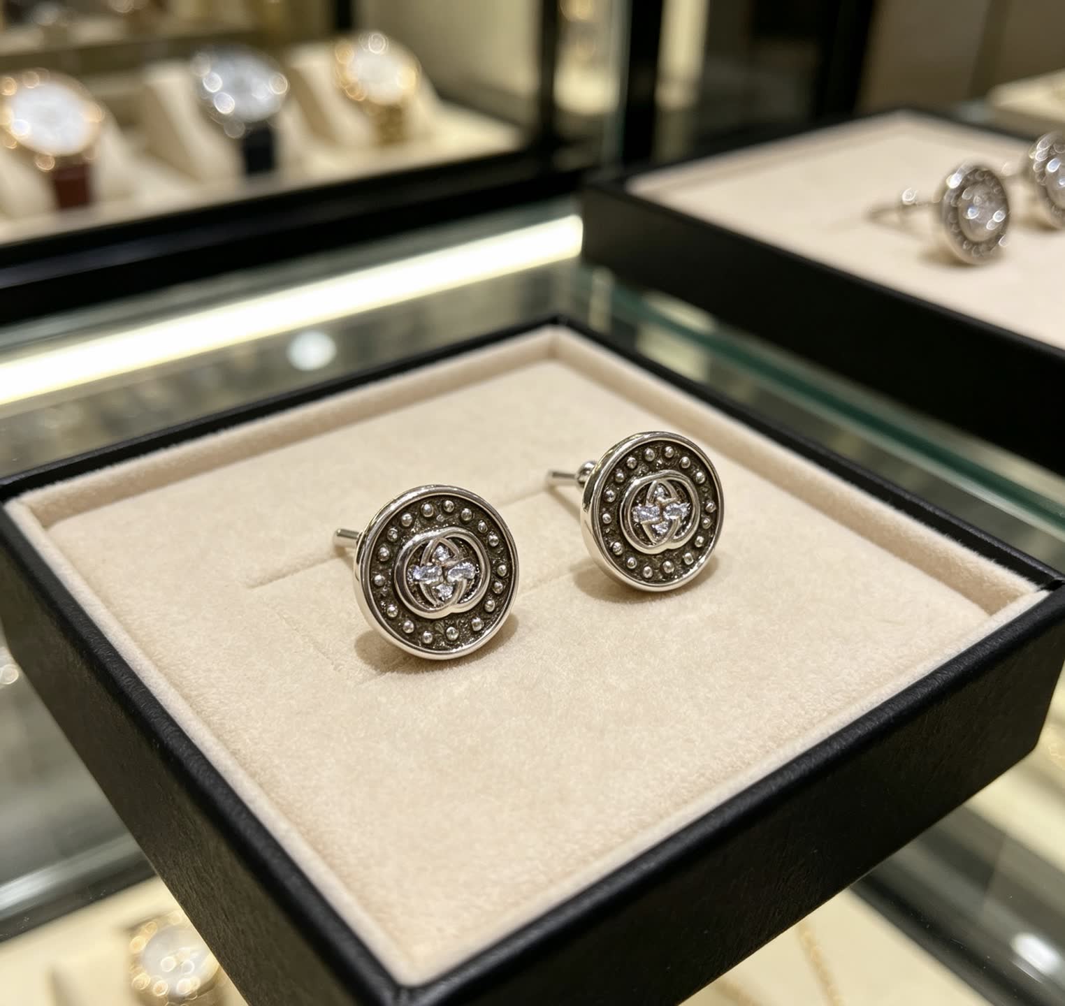 Gucci Silver Tone Round Stud Earrings with Crystal Accents