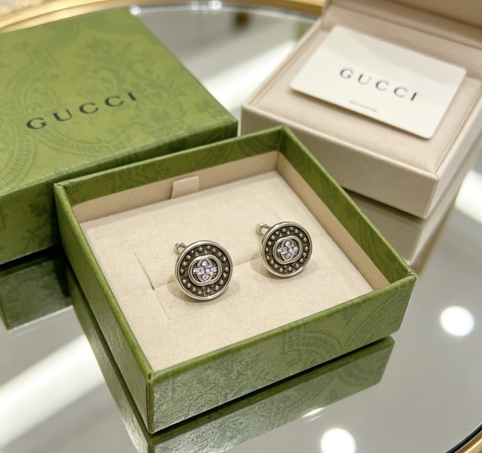Gucci Silver Tone Round Stud Earrings with Crystal Accents