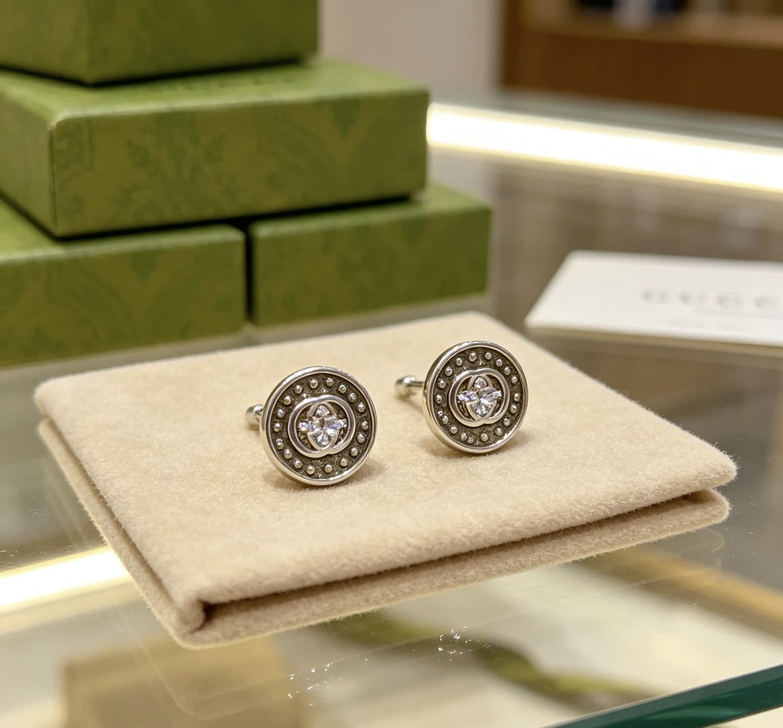 Gucci Silver Tone Round Stud Earrings with Crystal Accents